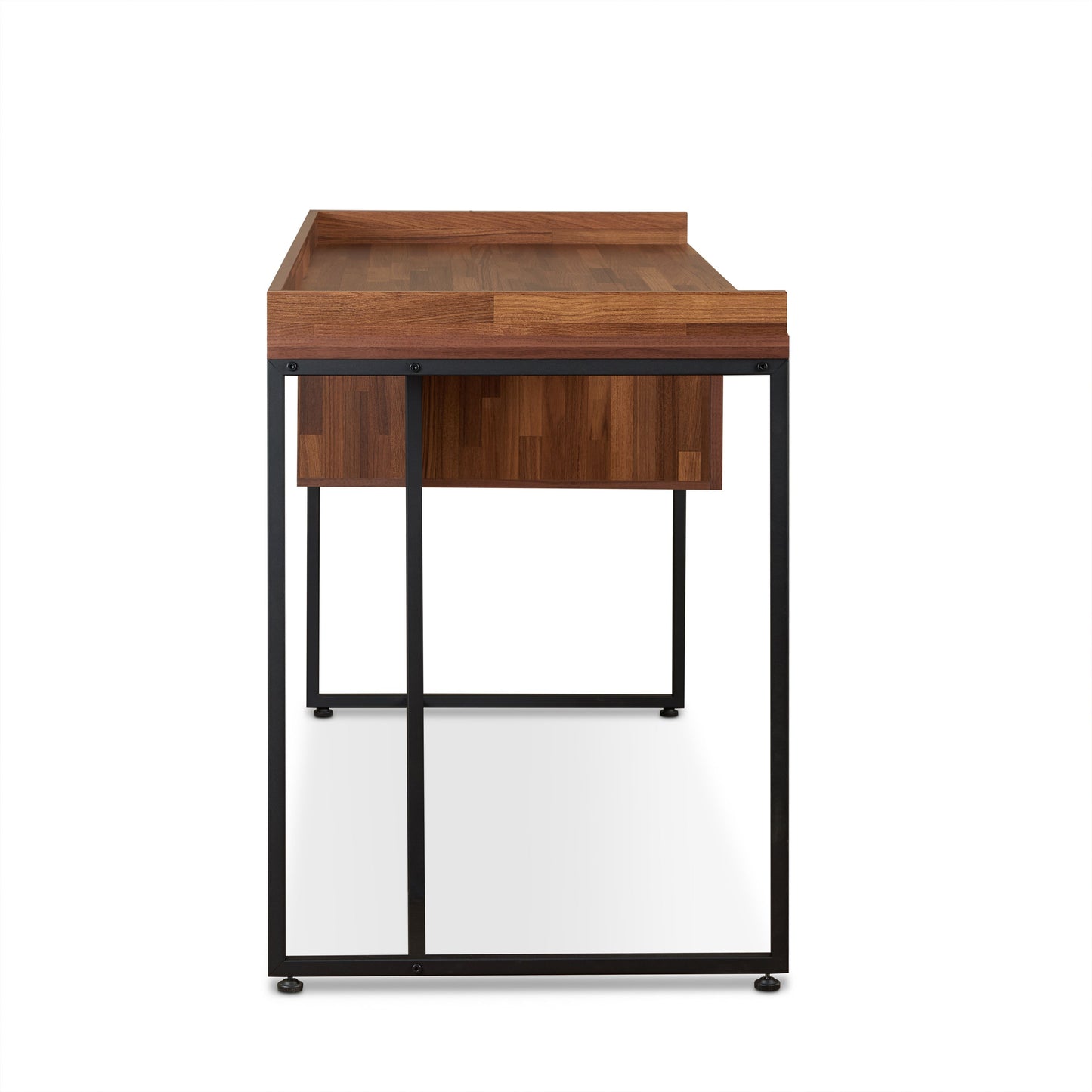 Wooden desk with black metal frame featuring a raised edge detail