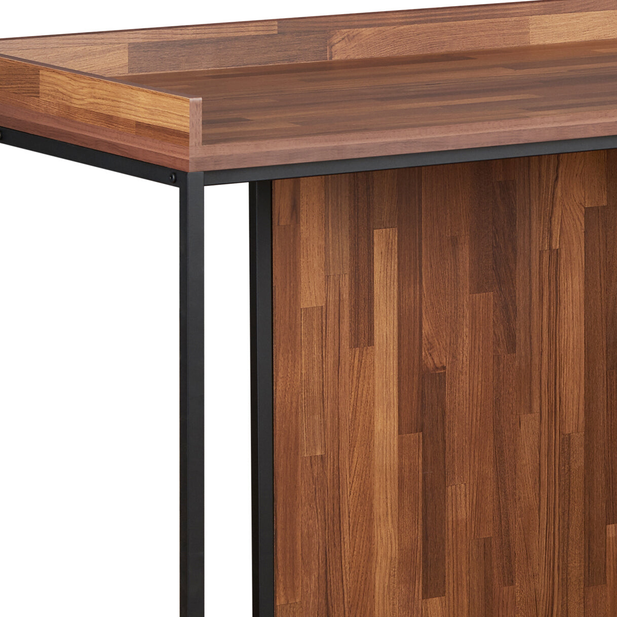 Modern walnut wood kitchen island with black metal frame natural grain detail