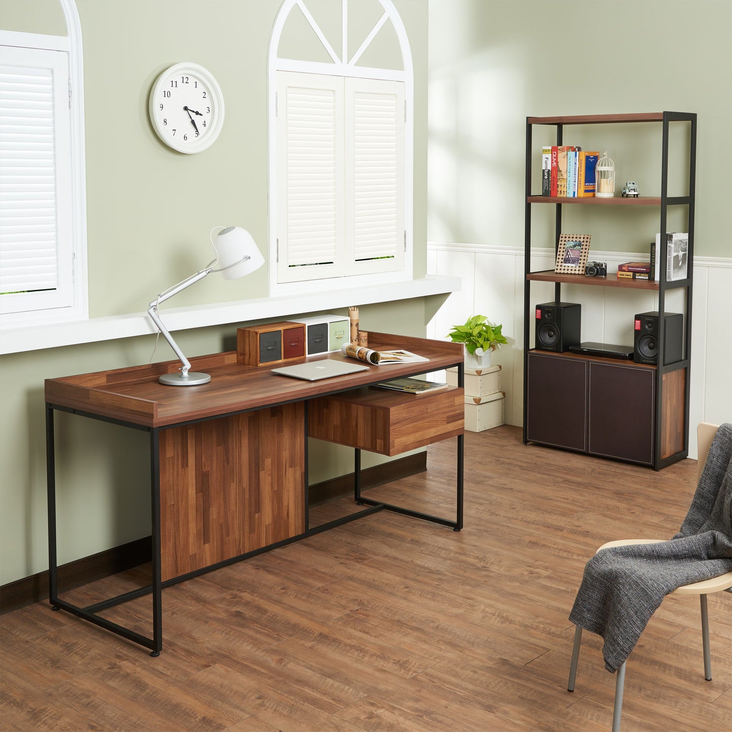 Modern walnut desk with black metal frame integrated drawers and Lshaped side detail