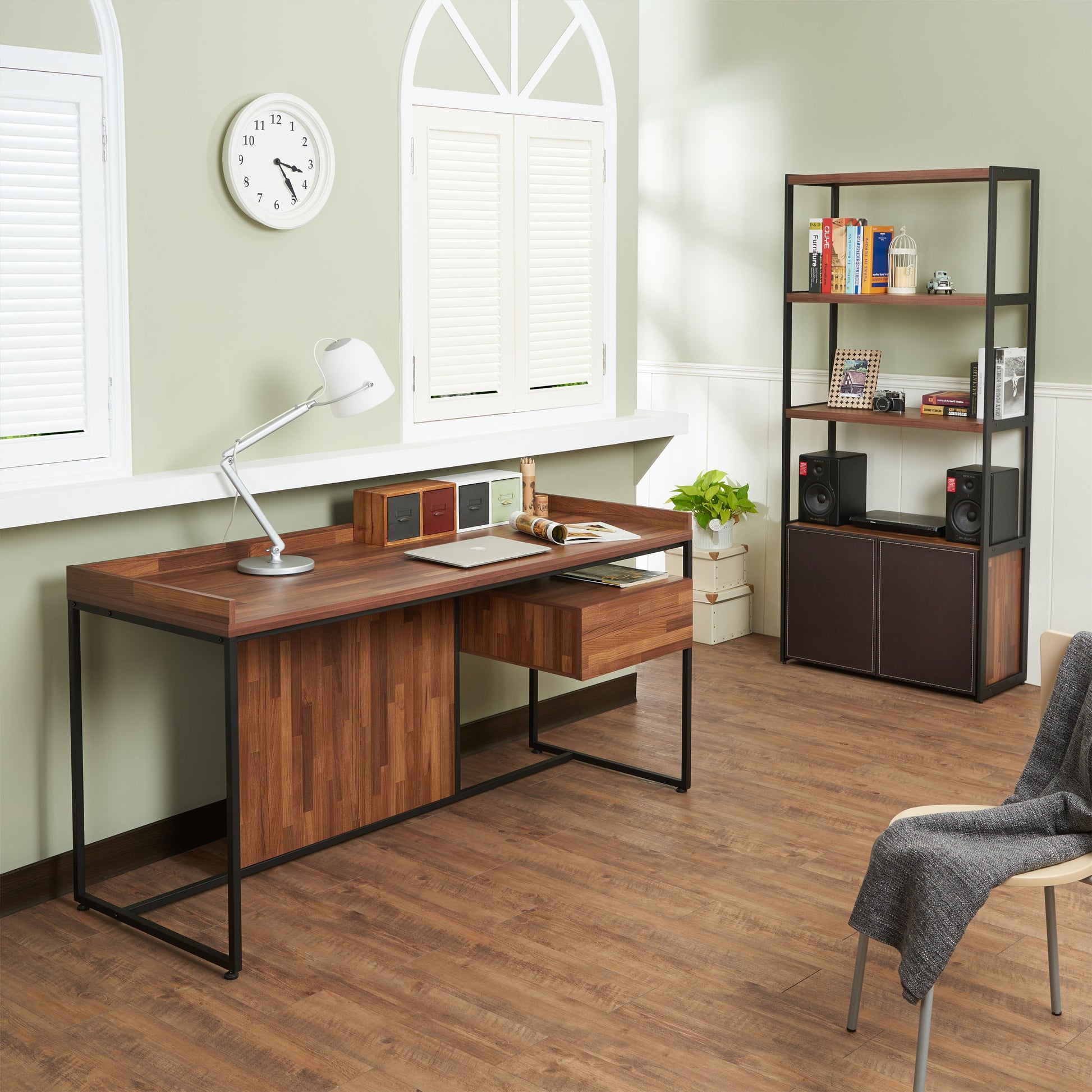 Modern walnut desk with black metal frame integrated drawers and Lshaped side detail
