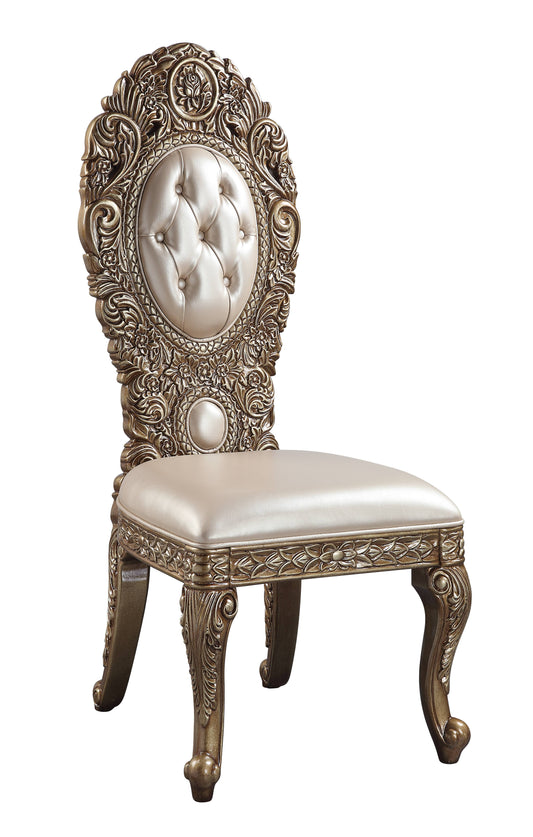 Antique gold ornate accent chair with pearl tufted seat and back
