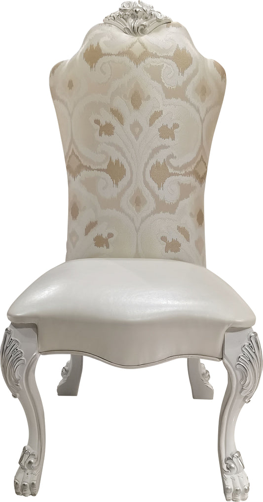 Elegant baroque accent chair in cream with ornate gold pattern and silver carved legs