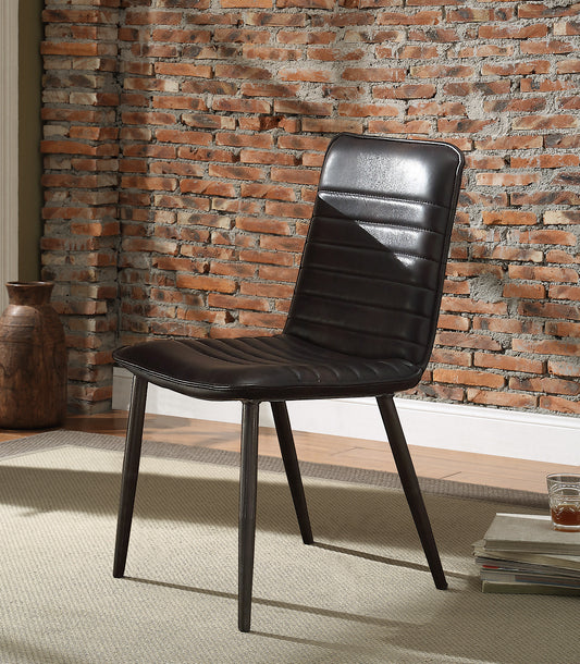 Dark brown faux leather dining chair with tufted details and metal legs