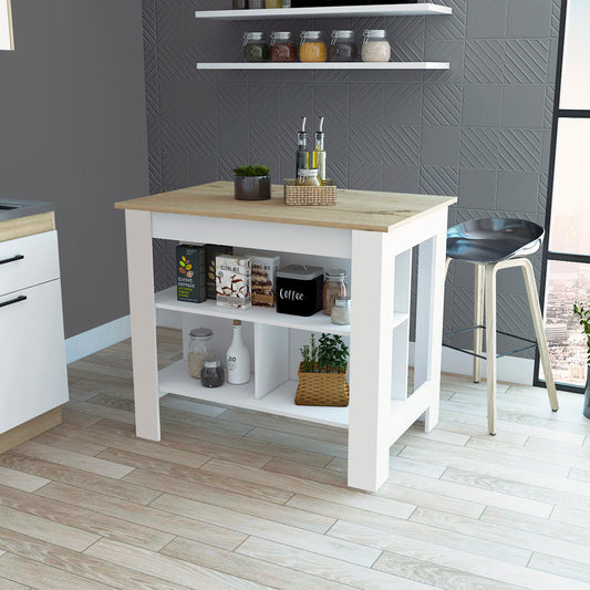 TREATLIFE HOME Transitional Kitchen Island with 3 Shelves for Organization, White and Light Oak Finish, Meal Prep Space