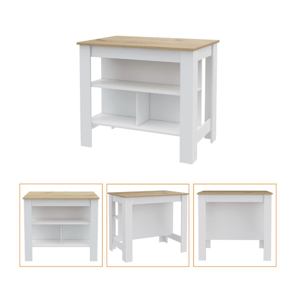 White kitchen island with natural wood top and open shelving
