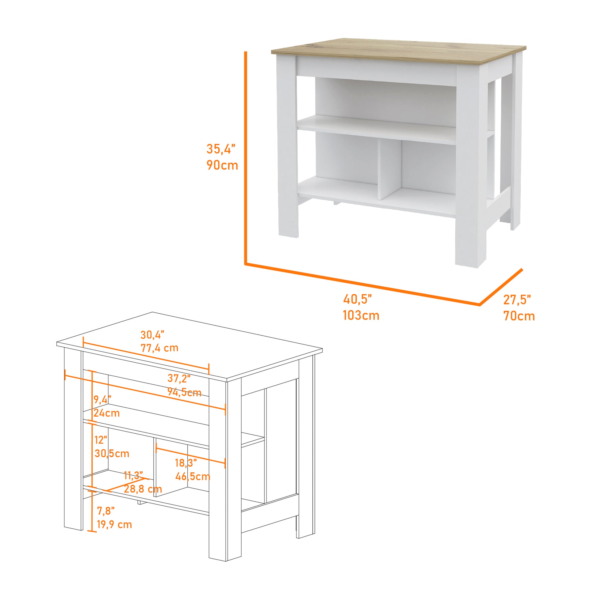 White kitchen island with oakeffect top featuring open shelving and two compartments Dimensions cm W x cm D x cm H