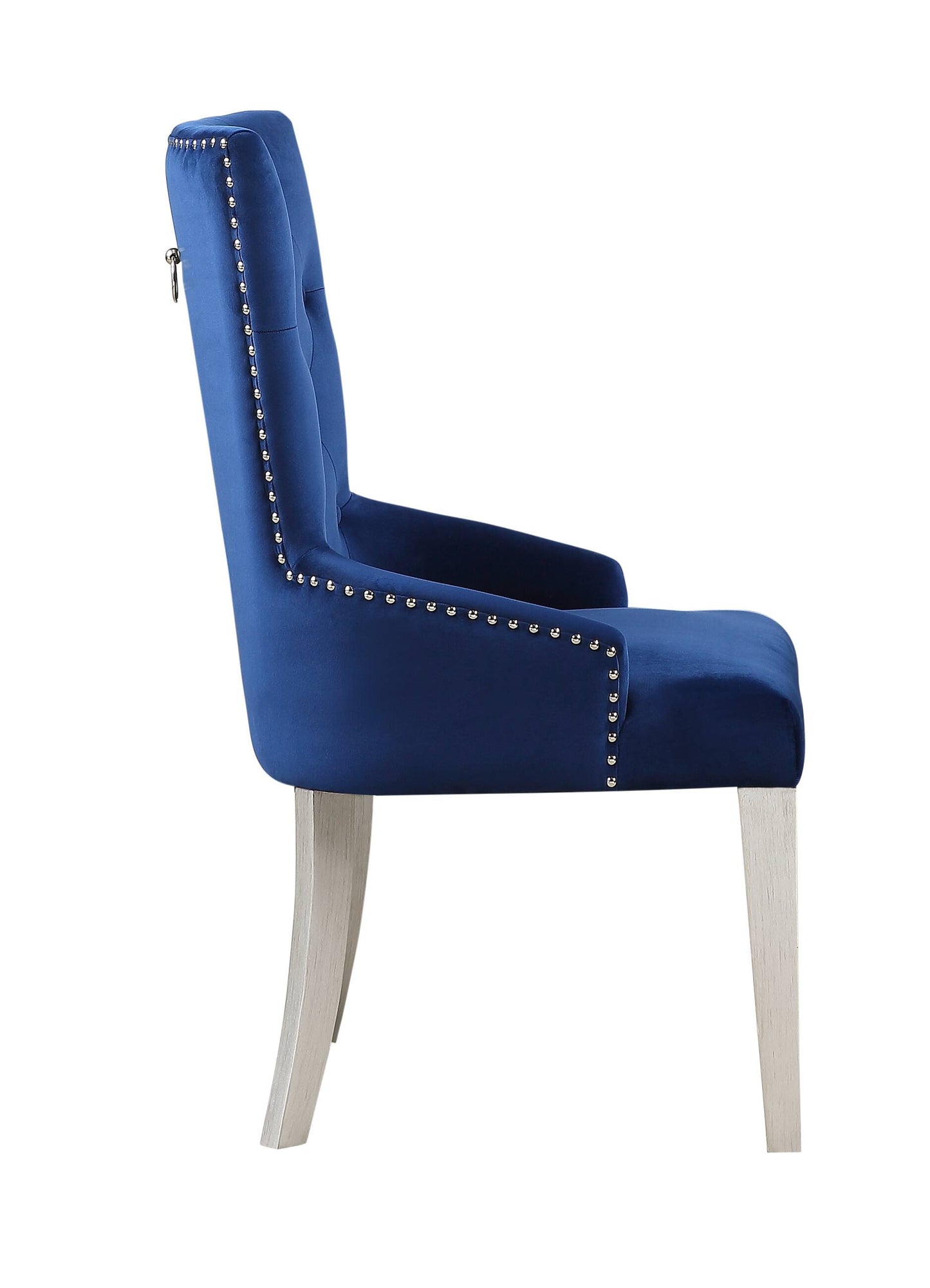 Side view of a plush navy blue velvet dining chair with silver nailhead trim and light oak legs