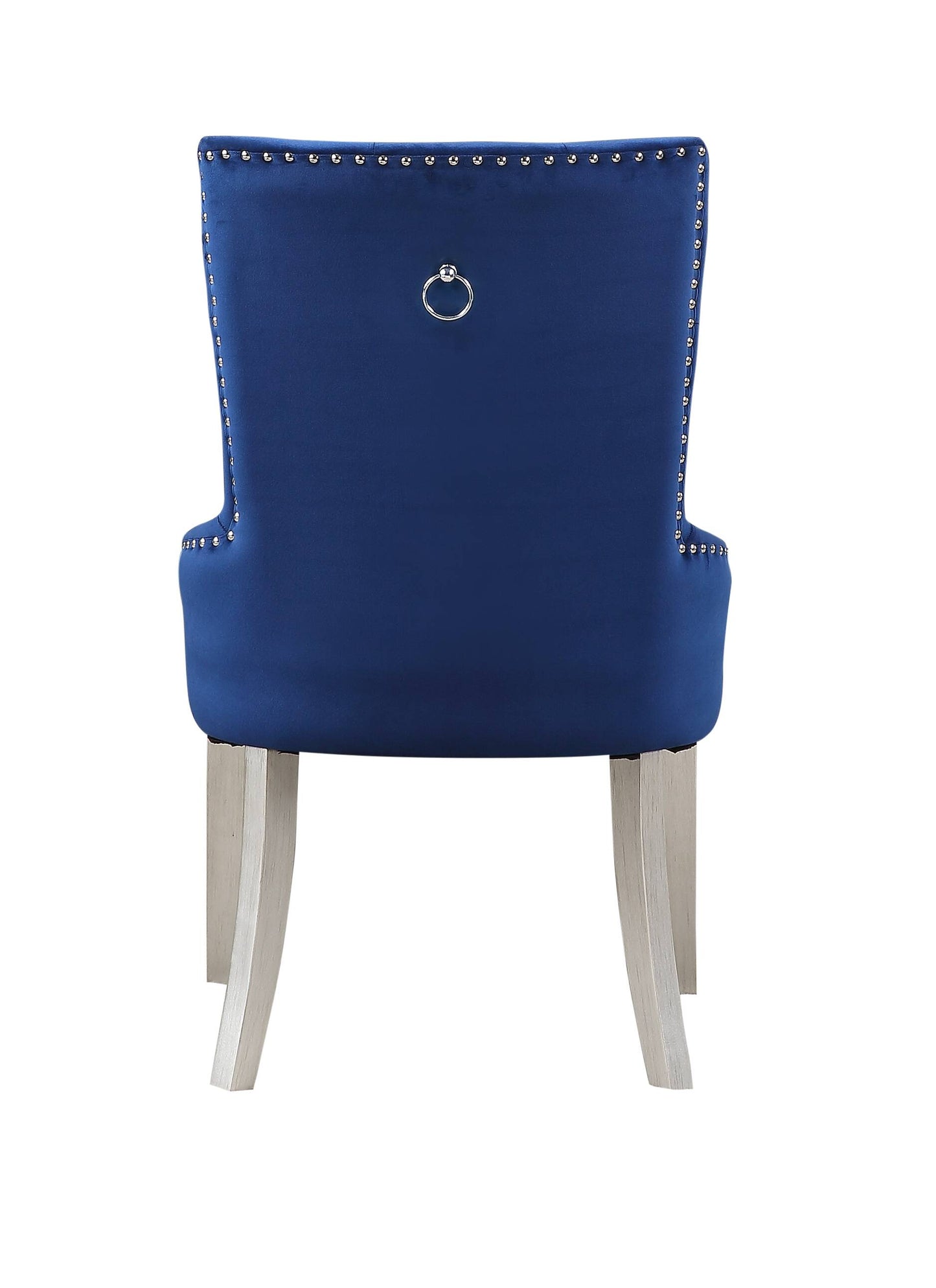 Navy blue velvet dining chair with silver nailhead trim and ring pull