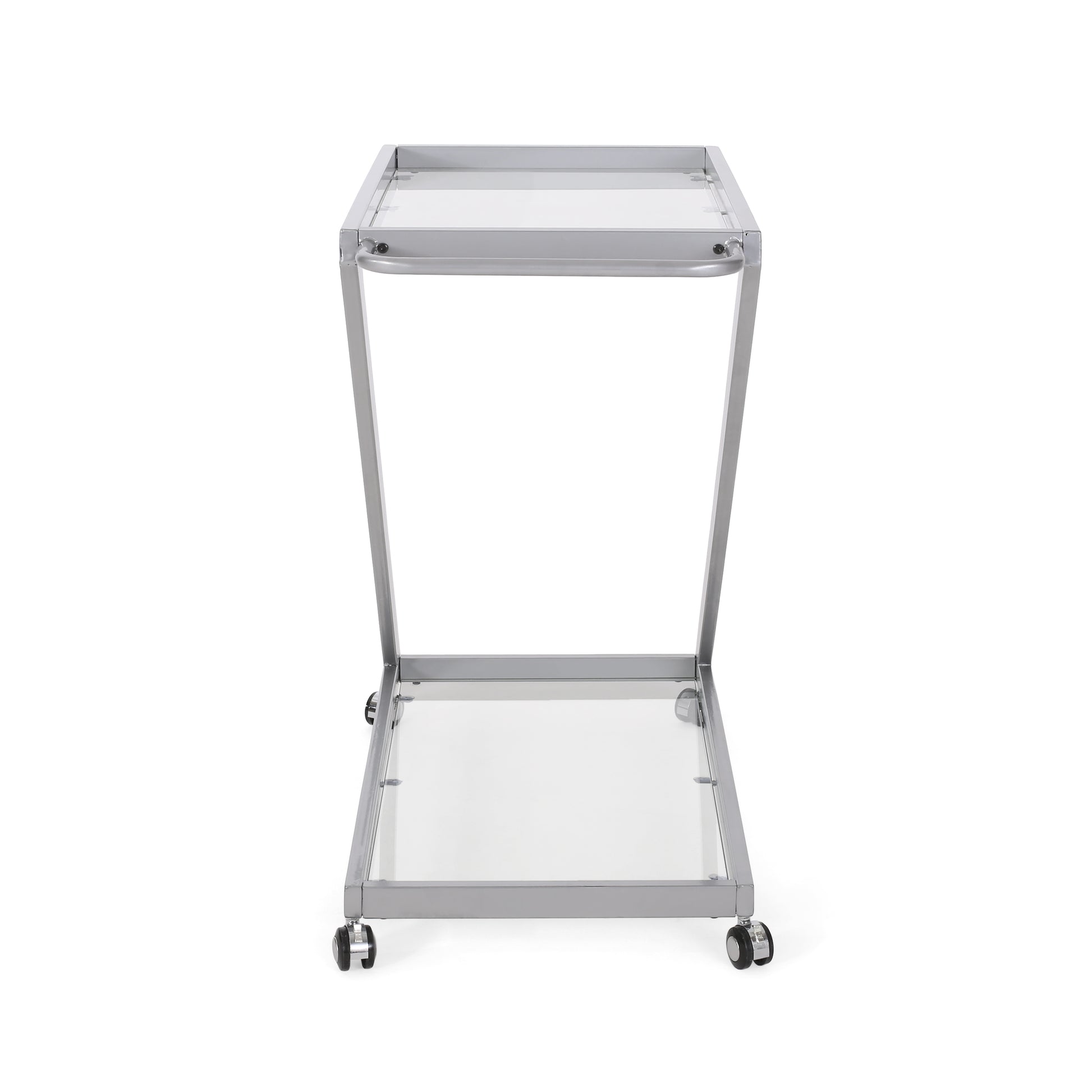 Sleek silver rolling serving cart with two glass shelves and a handle