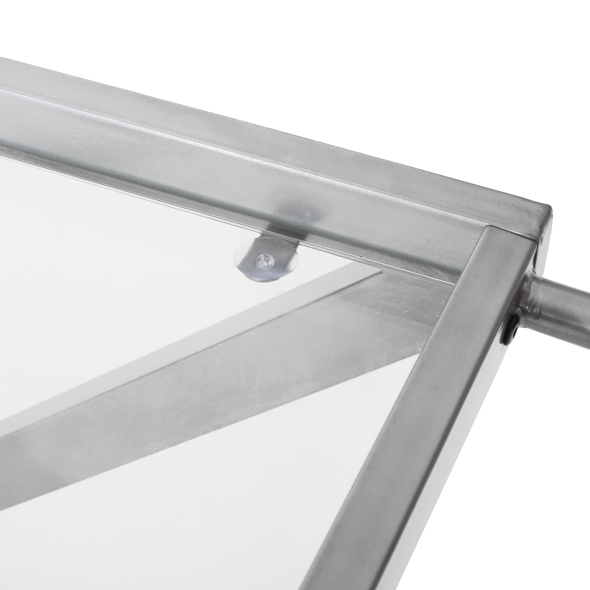 Closeup of a silver aluminum frame with clear glass panel and suction cup detail
