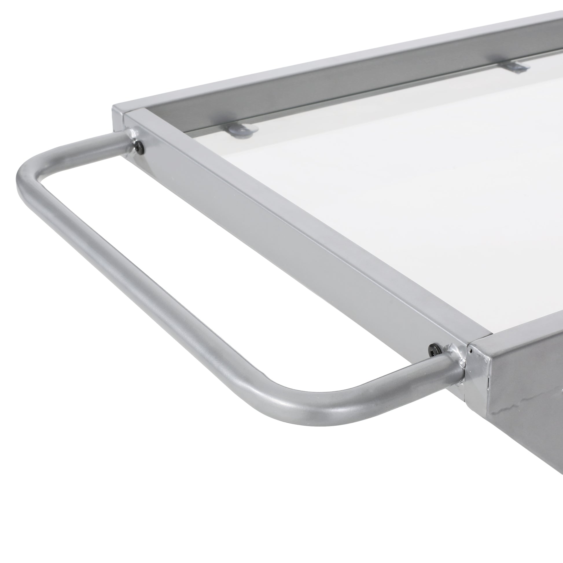 Silver metal utility cart with a white surface and curved handle