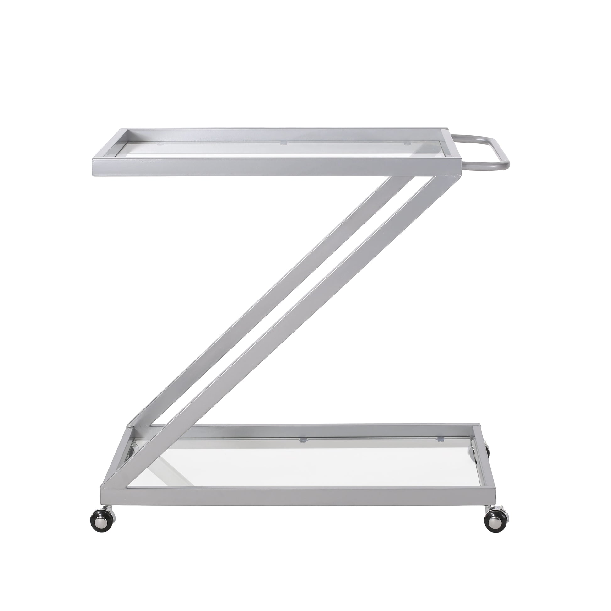 Modern gray metal bar cart with two glass shelves and silver casters for easy mobility