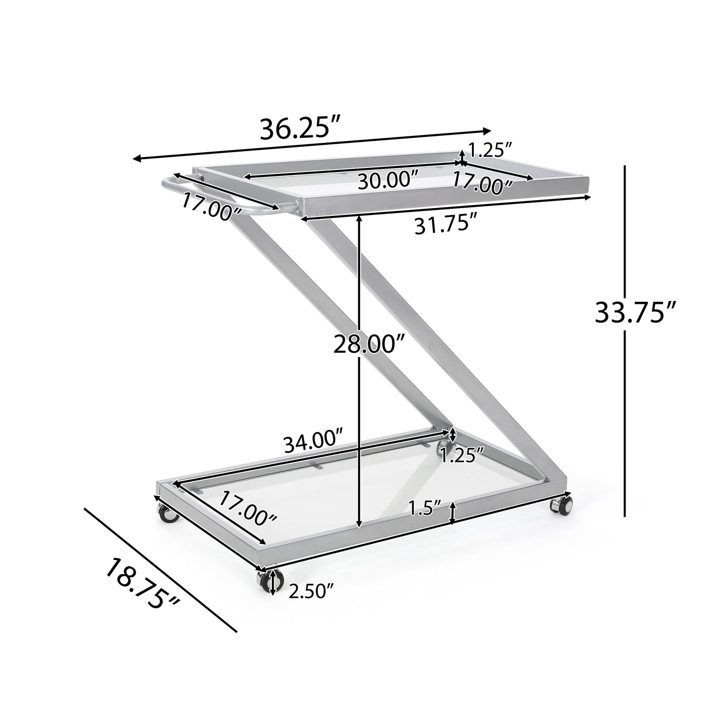 Silver Zshaped metal accent table with clear glass shelves and casters