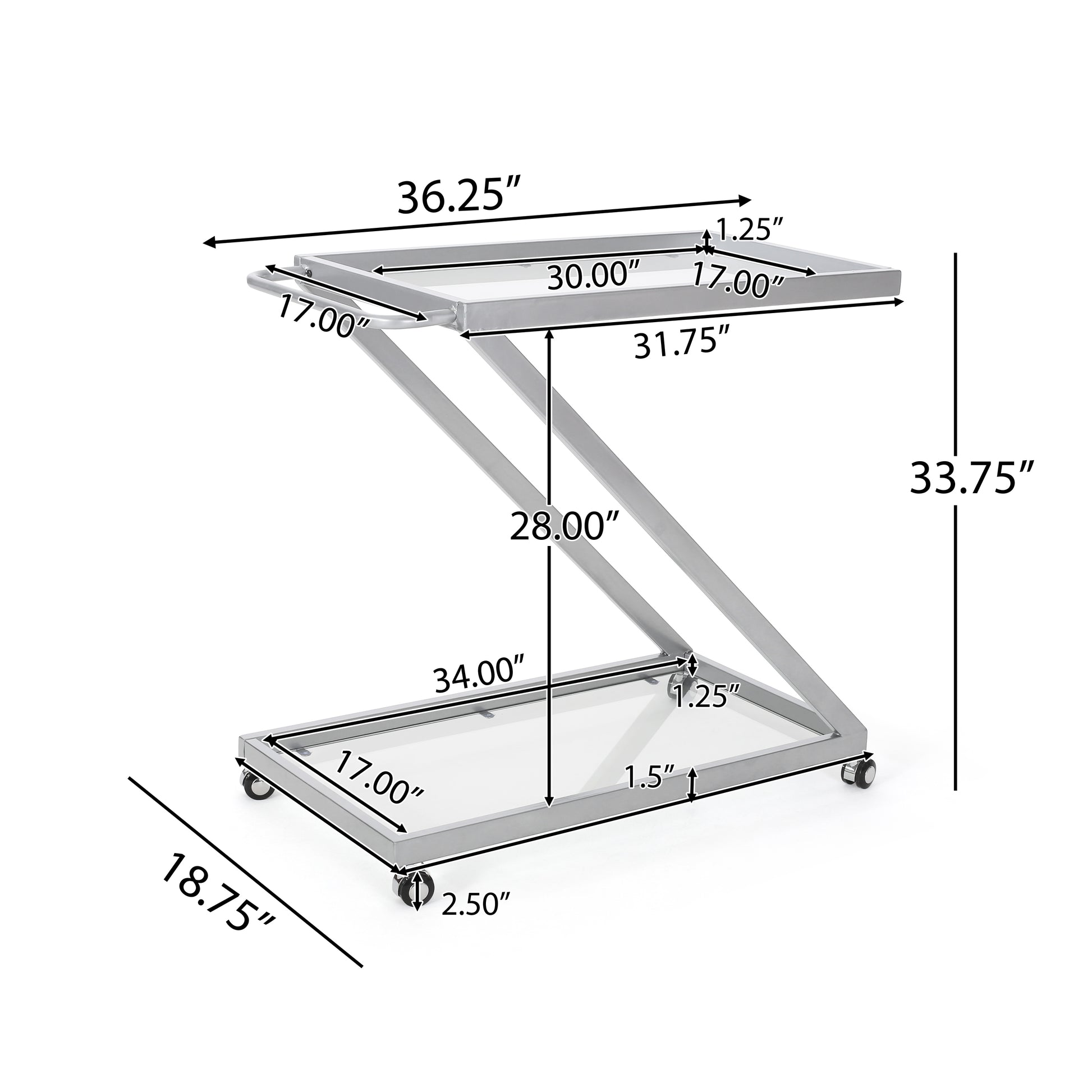 Silver Zshaped metal accent table with clear glass shelves and casters
