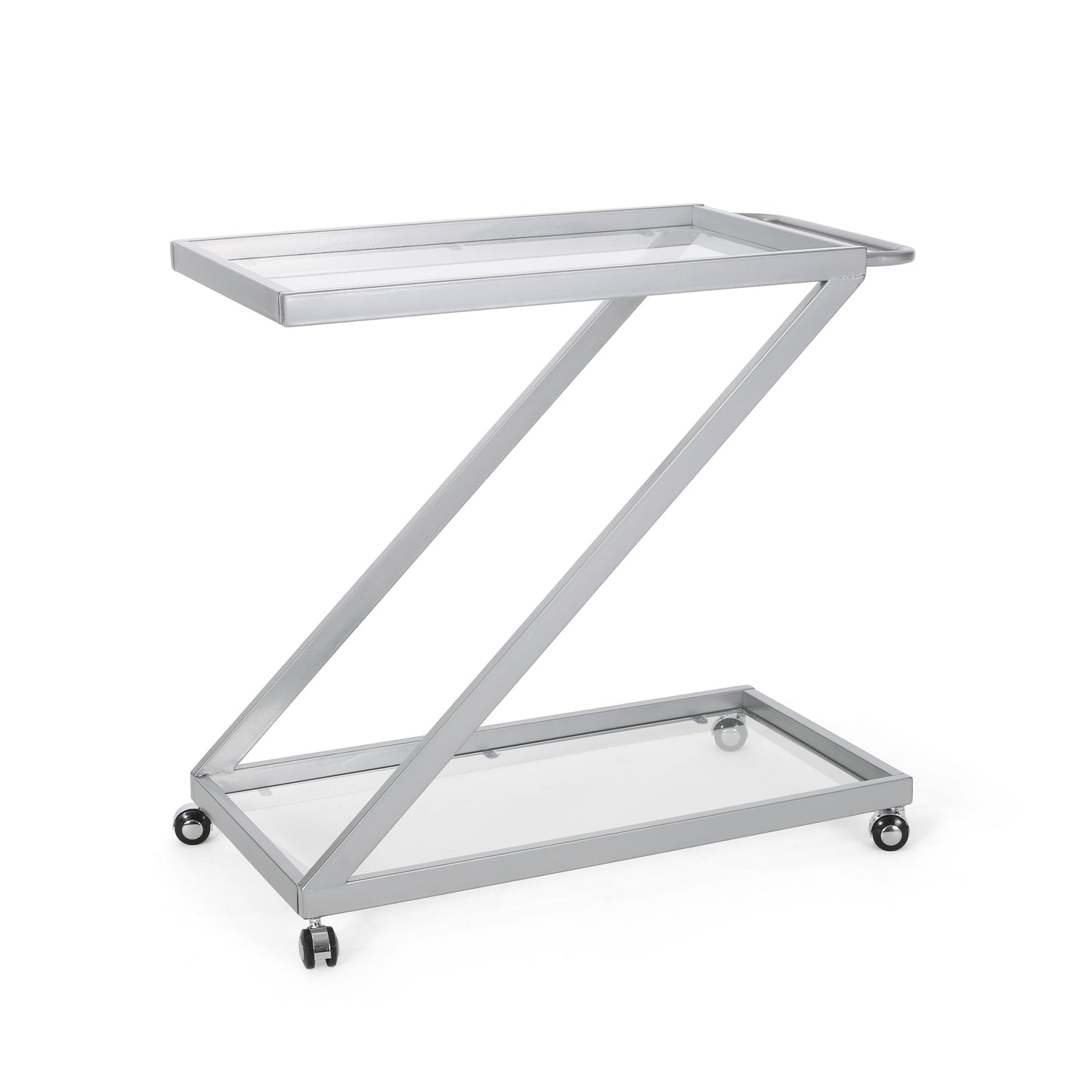 Modern silver metal bar cart with clear glass shelves and wheels