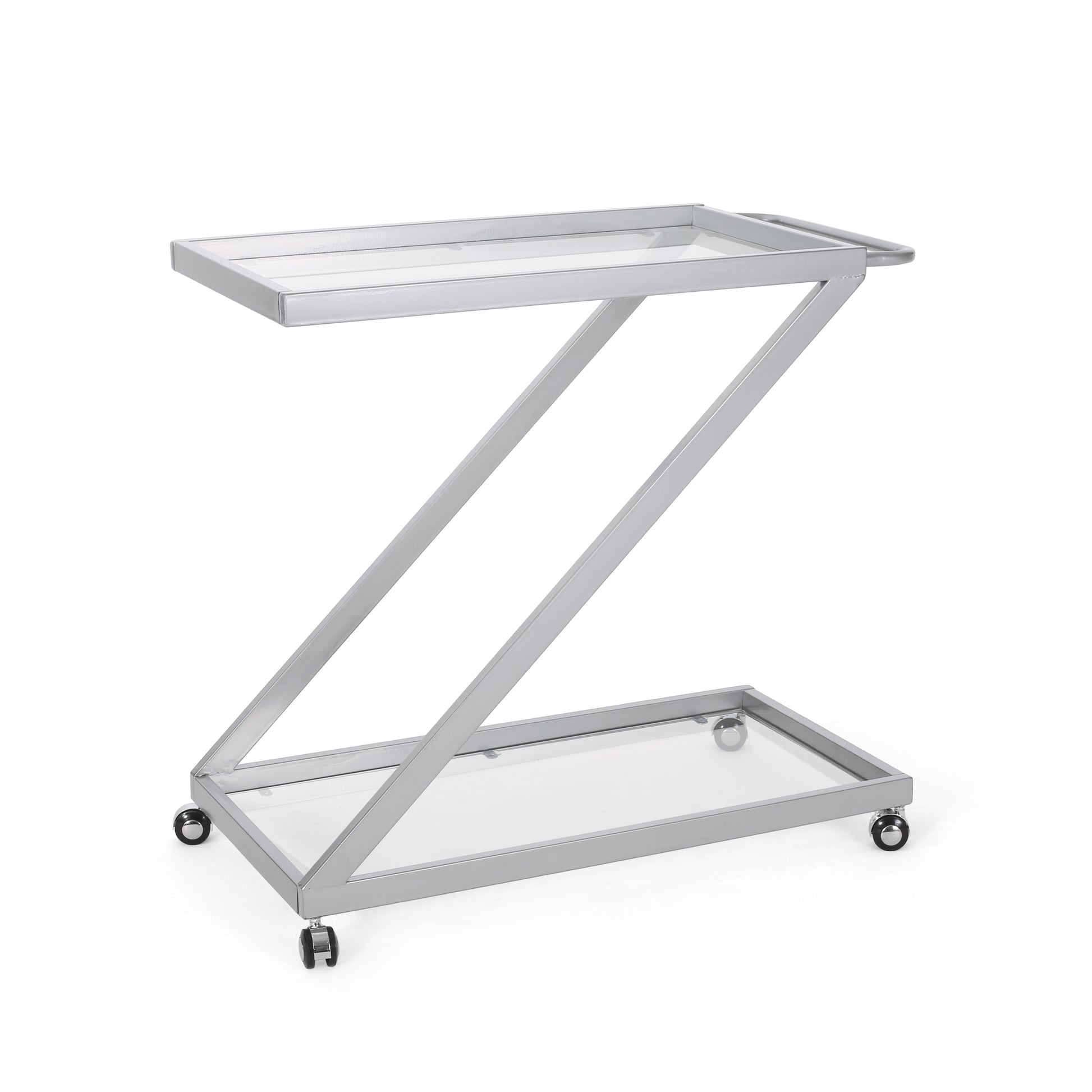 Modern silver metal bar cart with clear glass shelves and wheels