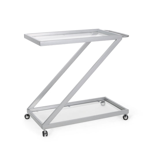 Modern silver metal bar cart with clear glass shelves and wheels