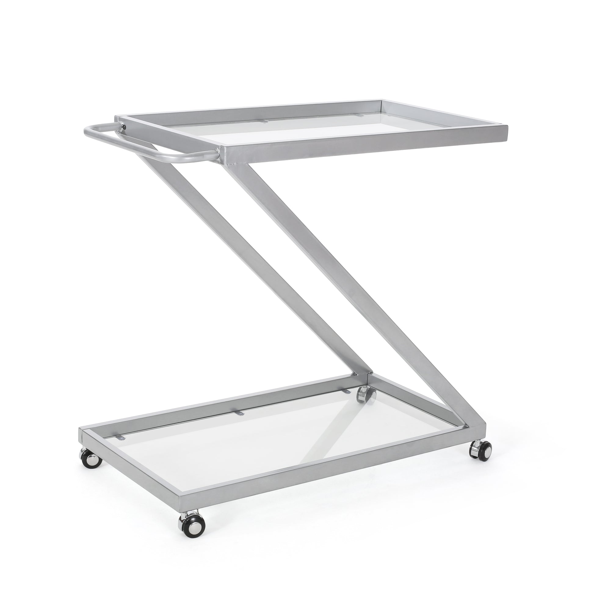 Modern zframe bar cart with silver metal and clear acrylic shelves