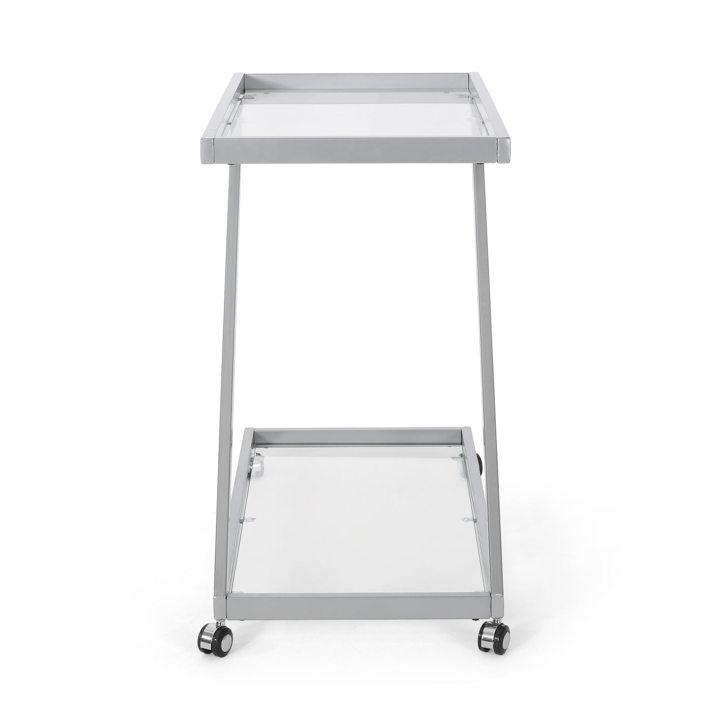 Silver metal bedside trolley with two glass shelves and casters