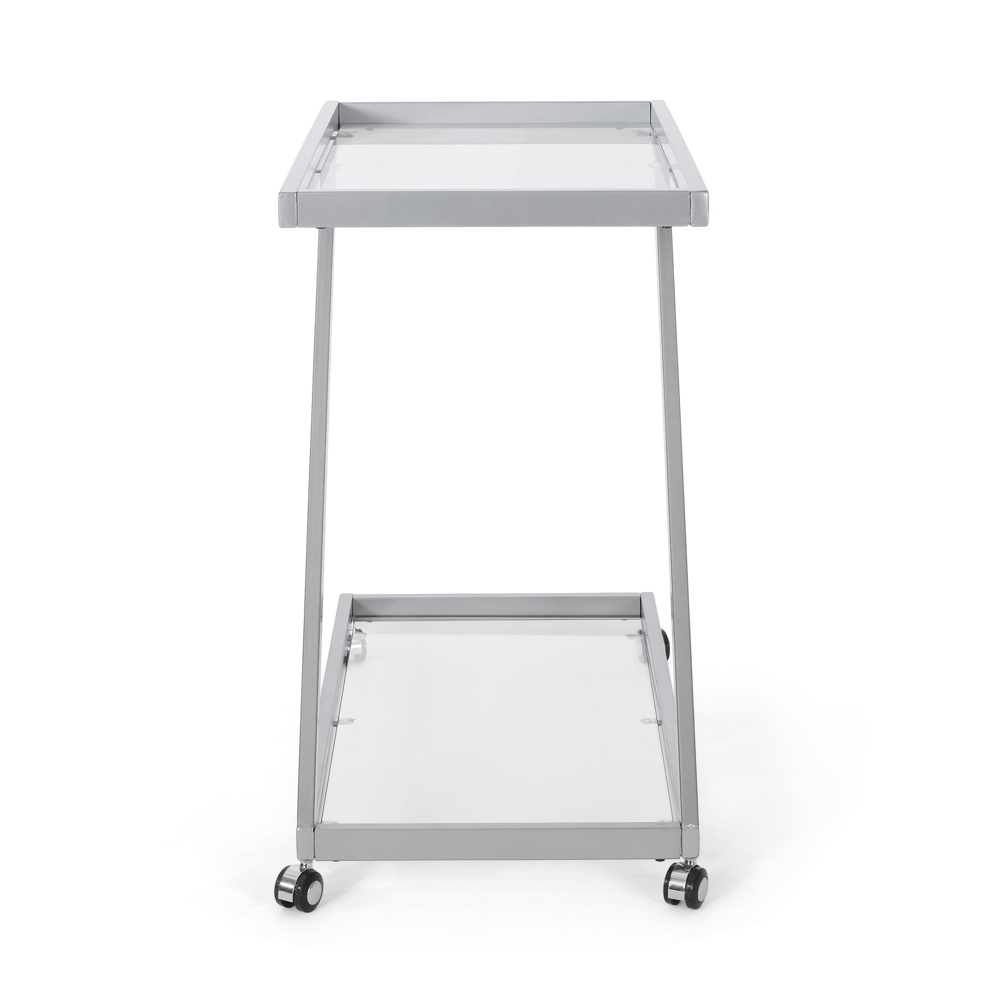 Silver metal bedside trolley with two glass shelves and casters