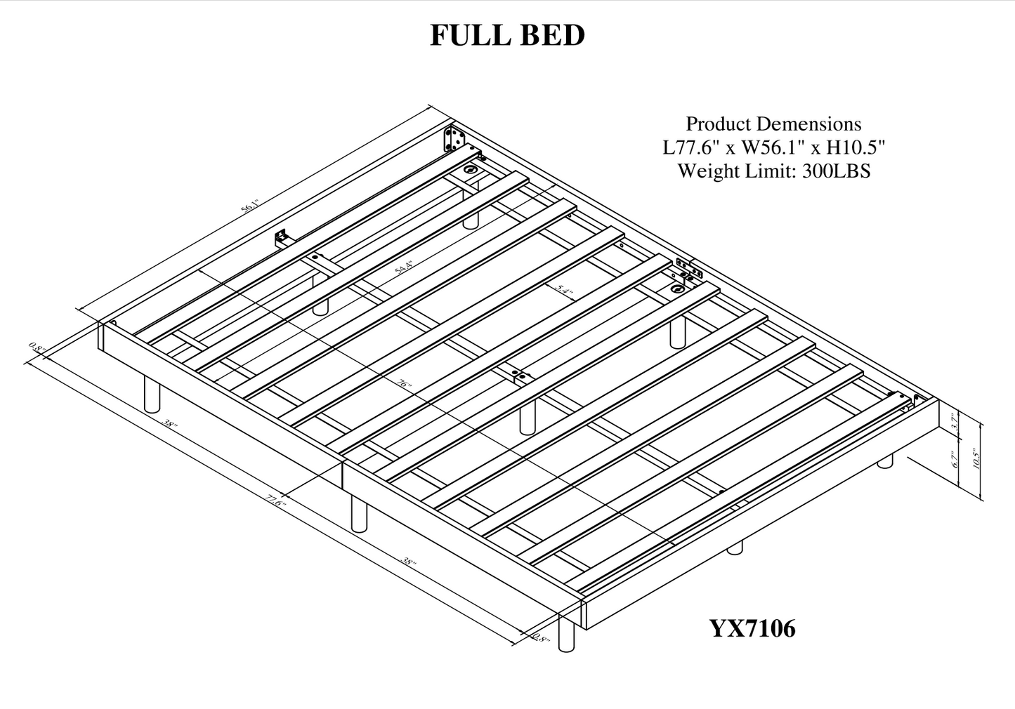 Technical drawing of a full bed frame with dimensions