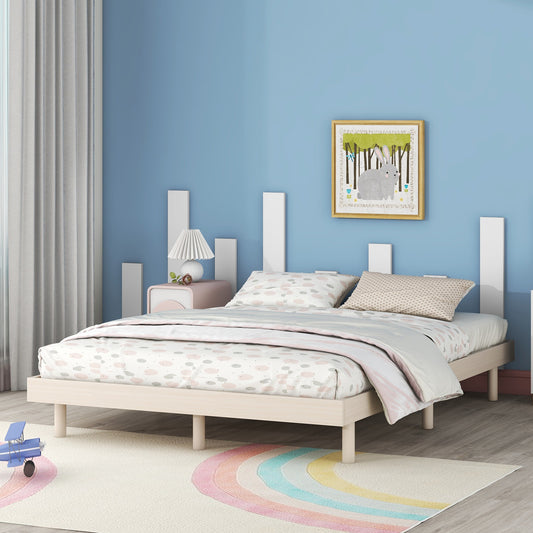 Light wood twin bed frame with playful cloudpatterned bedding