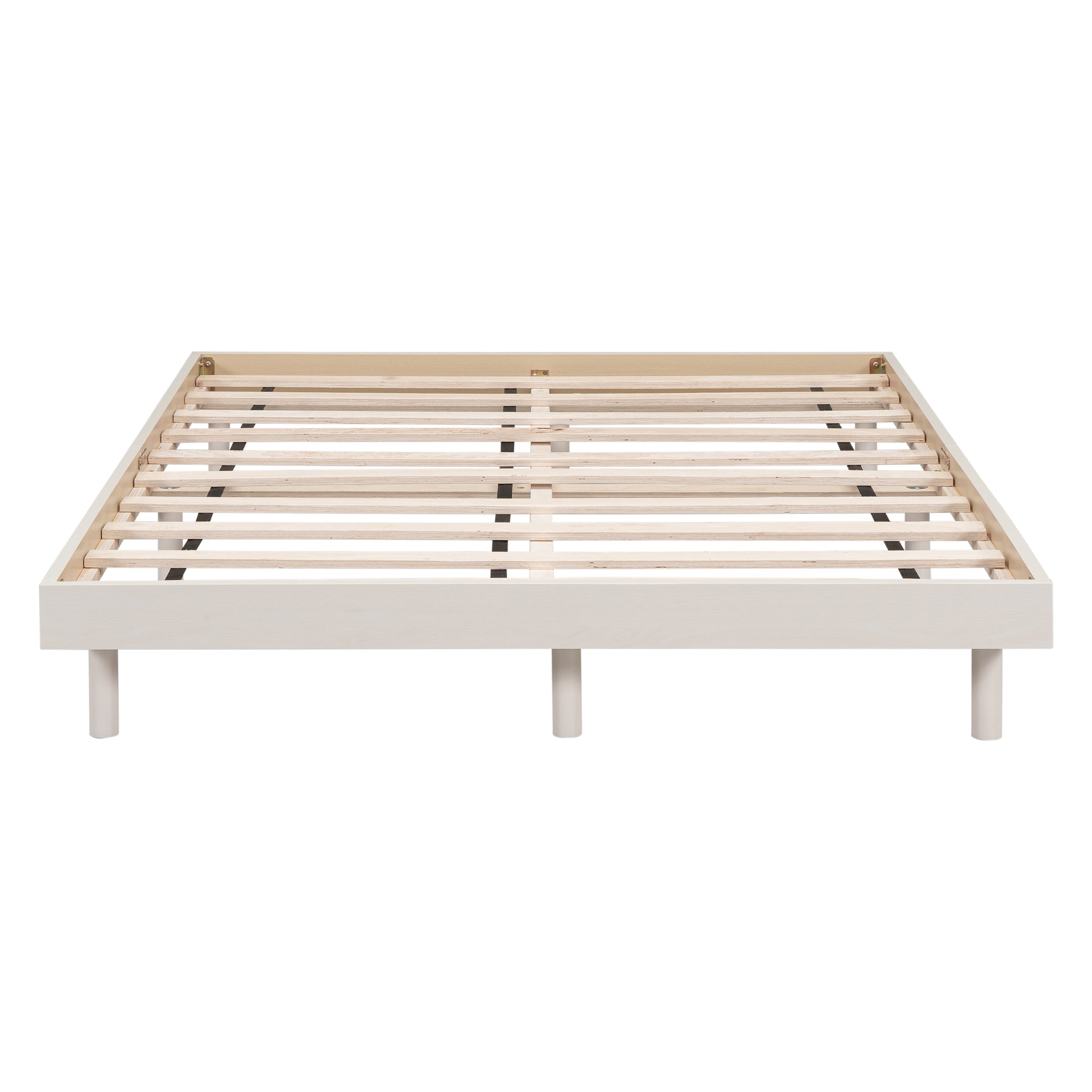 White wood slat bed frame with sturdy legs