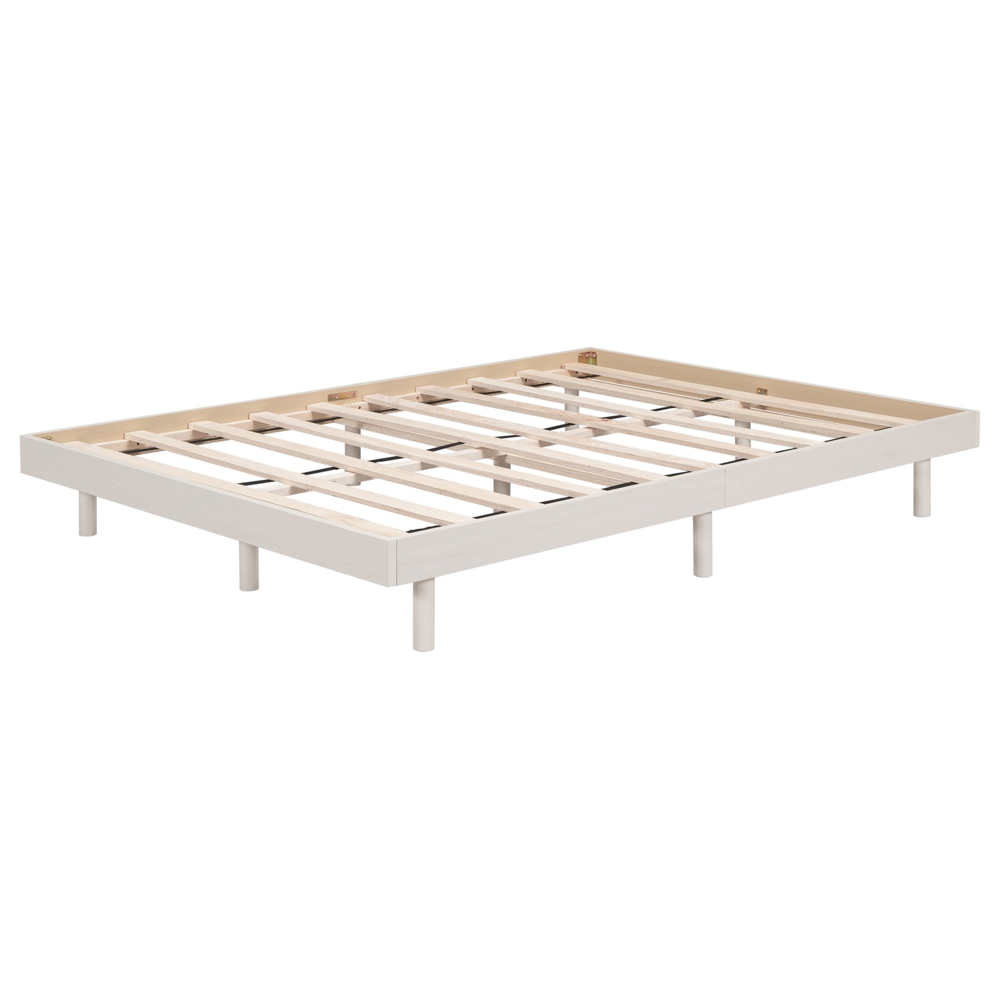 Modern white wooden platform bed frame with slatted support  characters