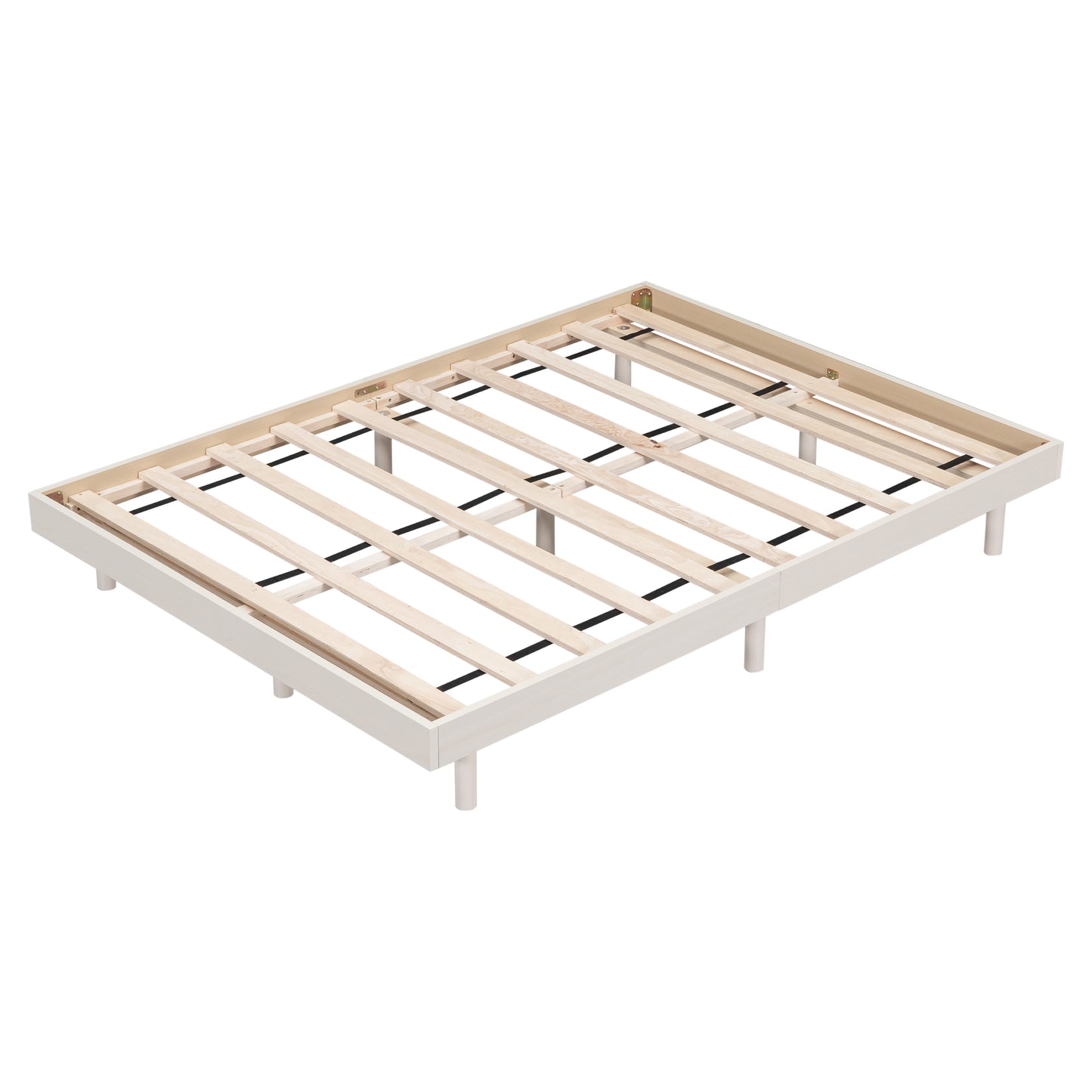 White metal platform bed frame with wooden slats
