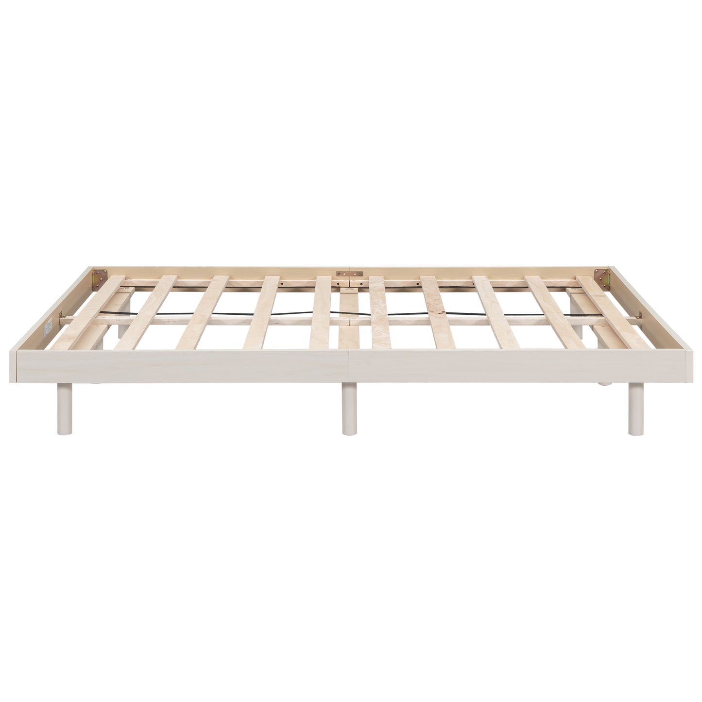 White wooden platform bed frame with slatted support  characters