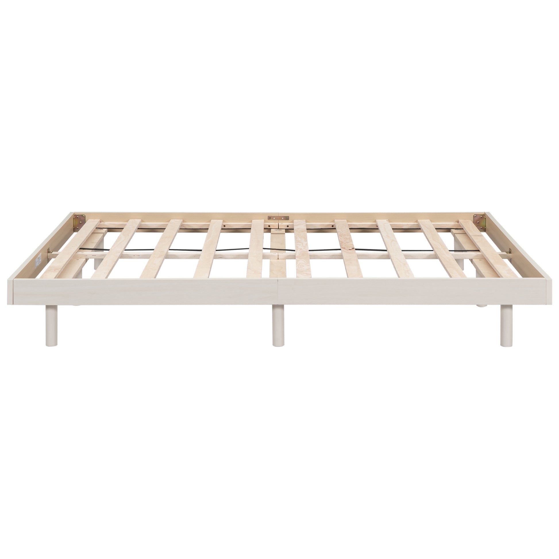 White wooden platform bed frame with slatted support  characters