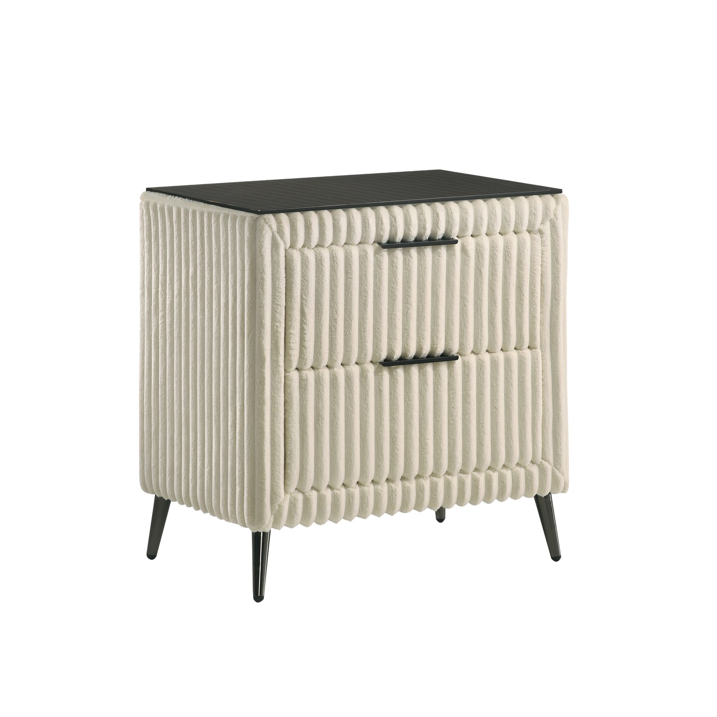 Textured cream nightstand with two drawers and black metal legs
