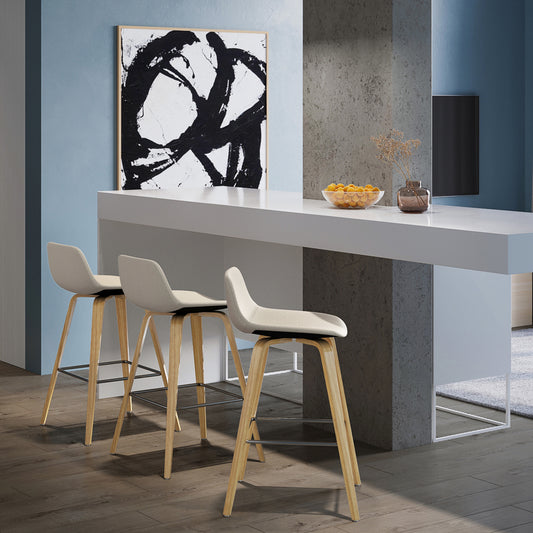 Three modern beige upholstered bar stools with natural wood legs