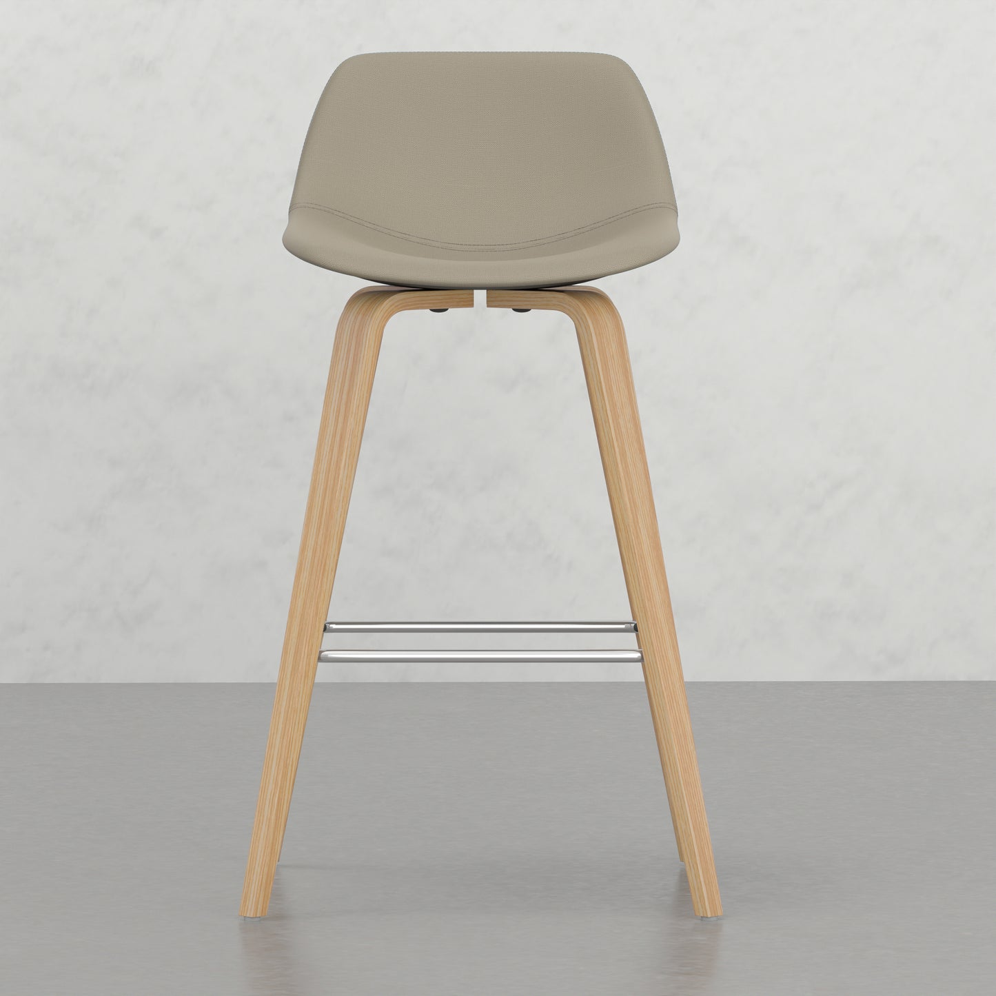Modern bar stool with a taupe fabric seat and natural wood legs