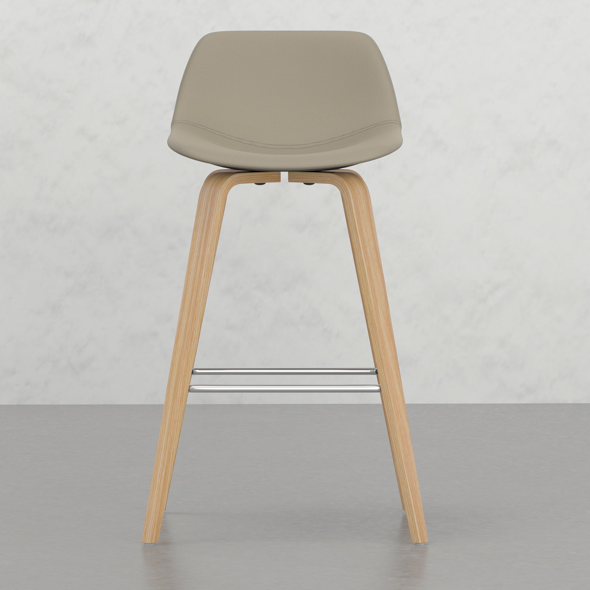 Modern bar stool with a taupe fabric seat and natural wood legs
