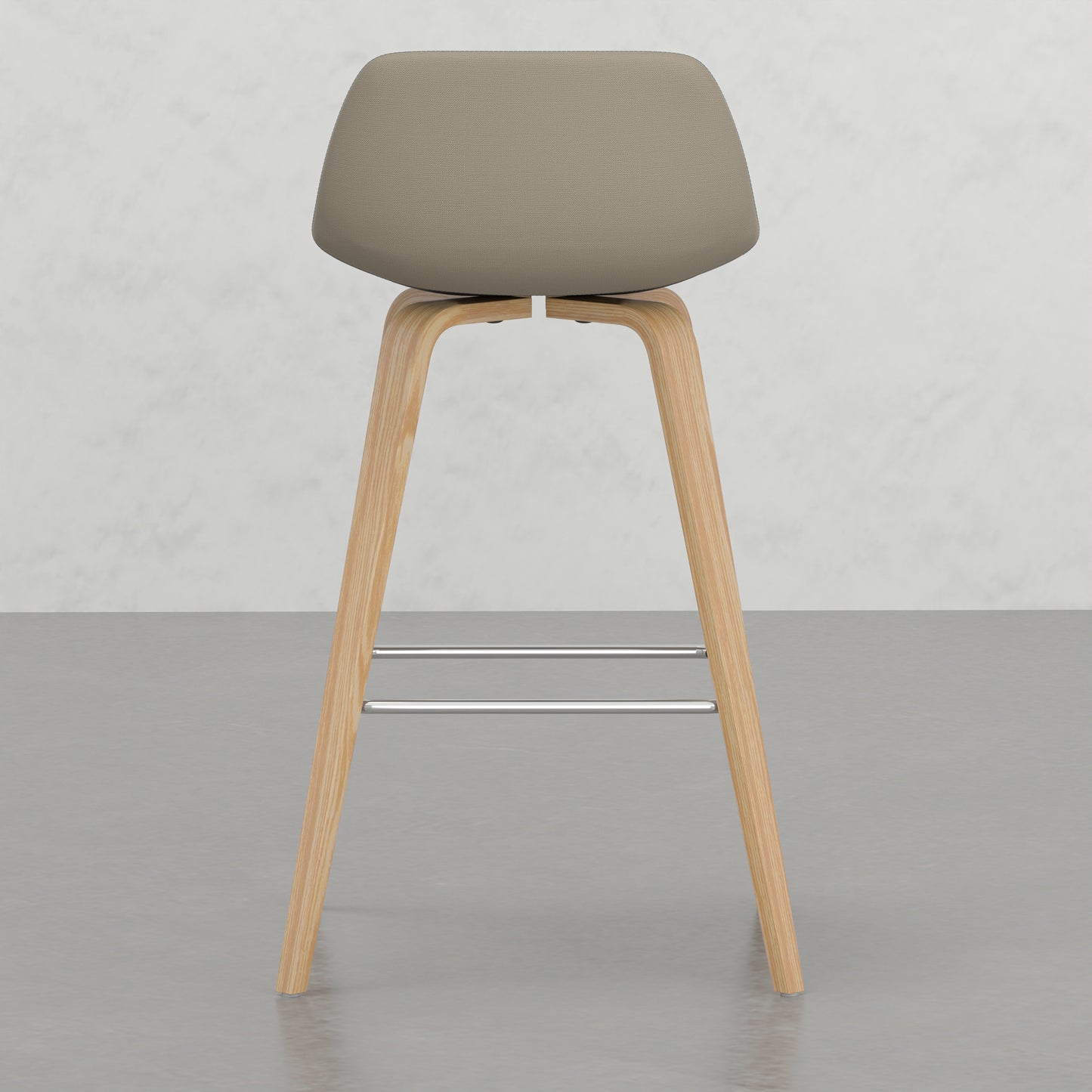 Taupe upholstered modern bar stool with natural wood legs