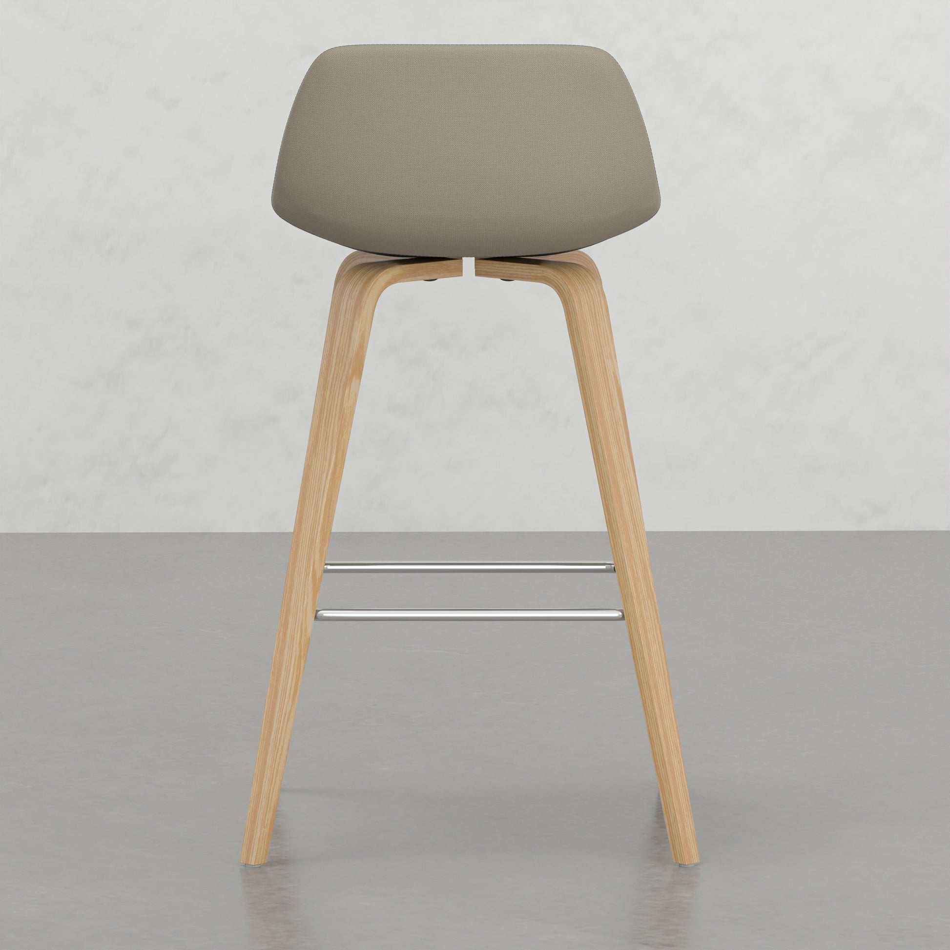 Taupe upholstered modern bar stool with natural wood legs
