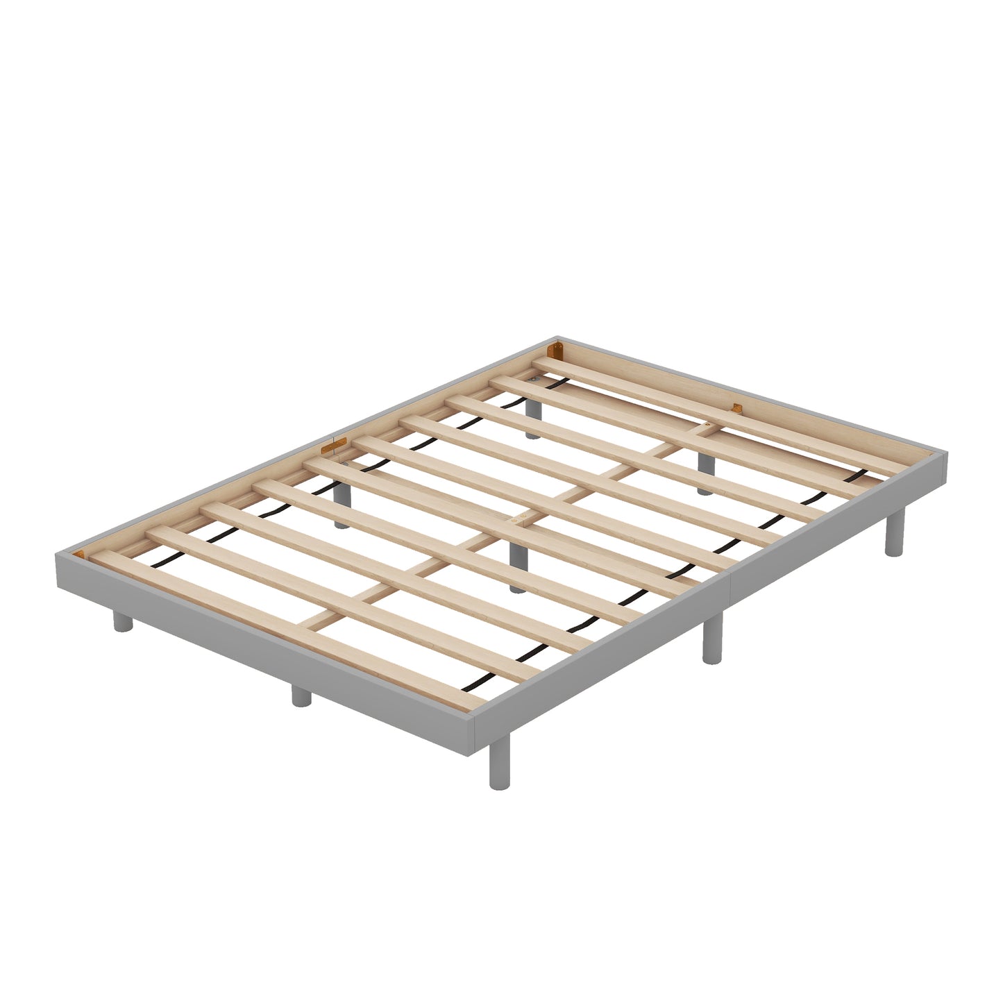 Modern gray metal bed frame with wooden slats suitable for mattress support
