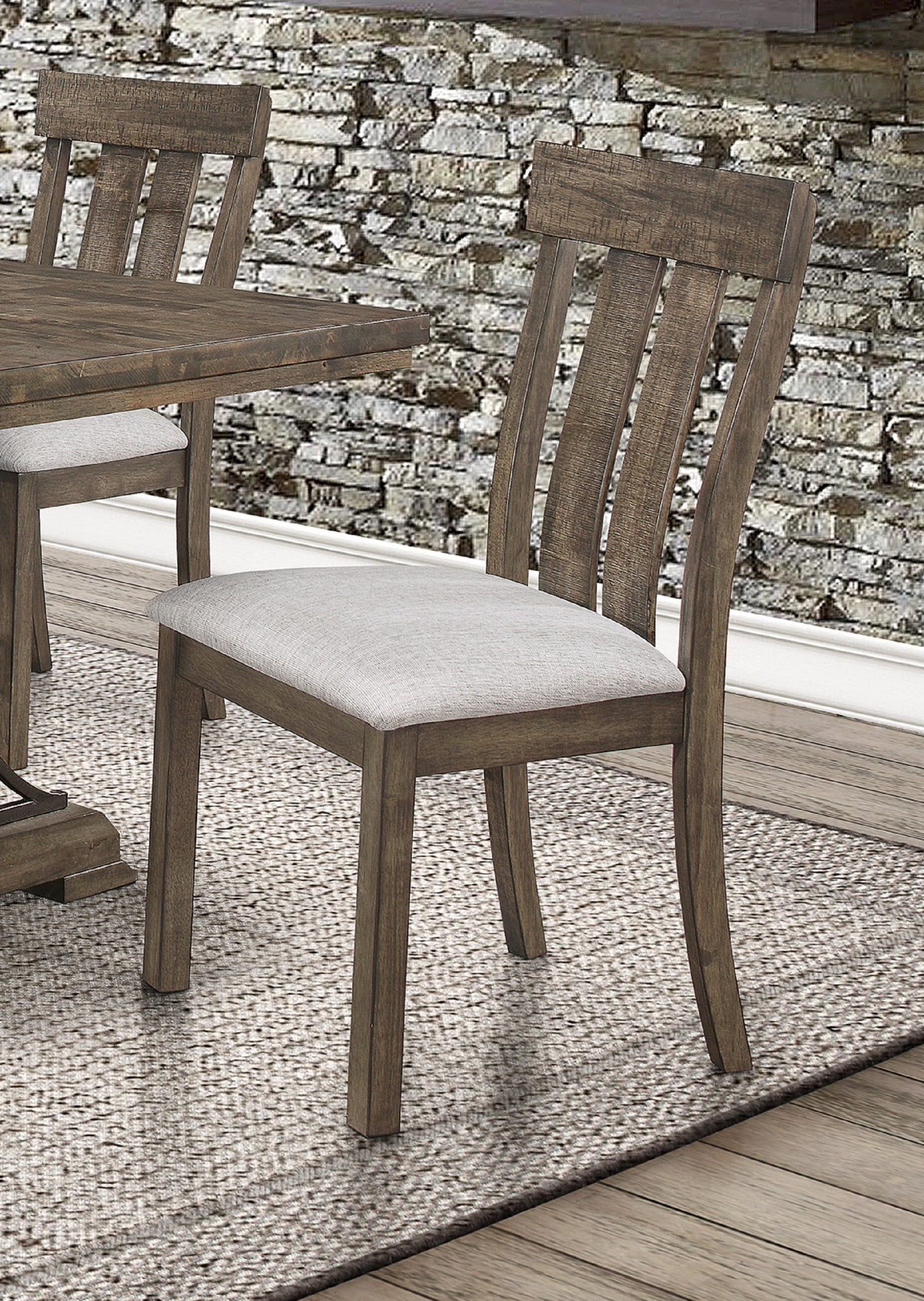 Rustic wooden dining chair with slatted back and light gray upholstered seat