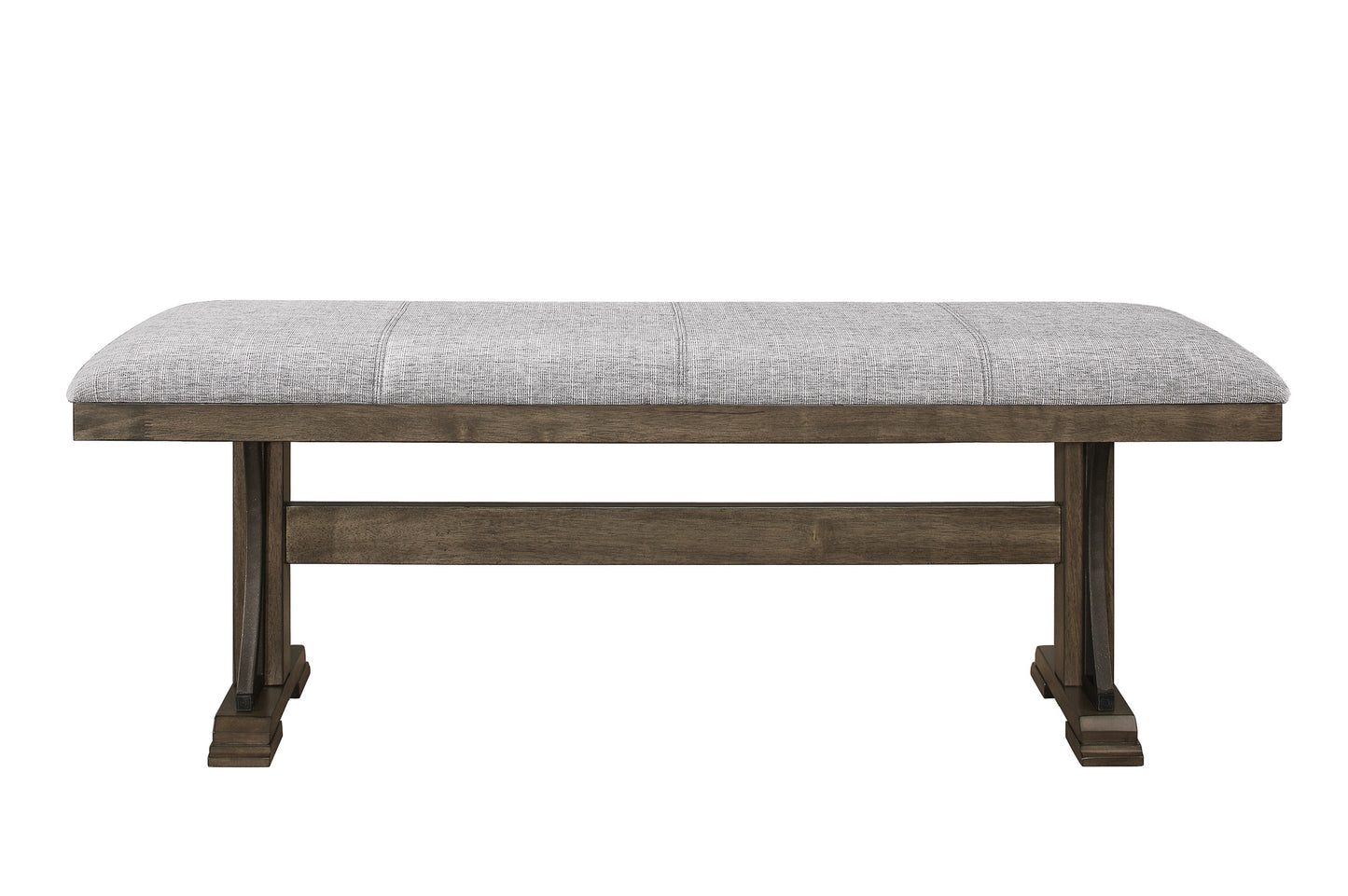 Gray upholstered wood bench with dark wood frame
