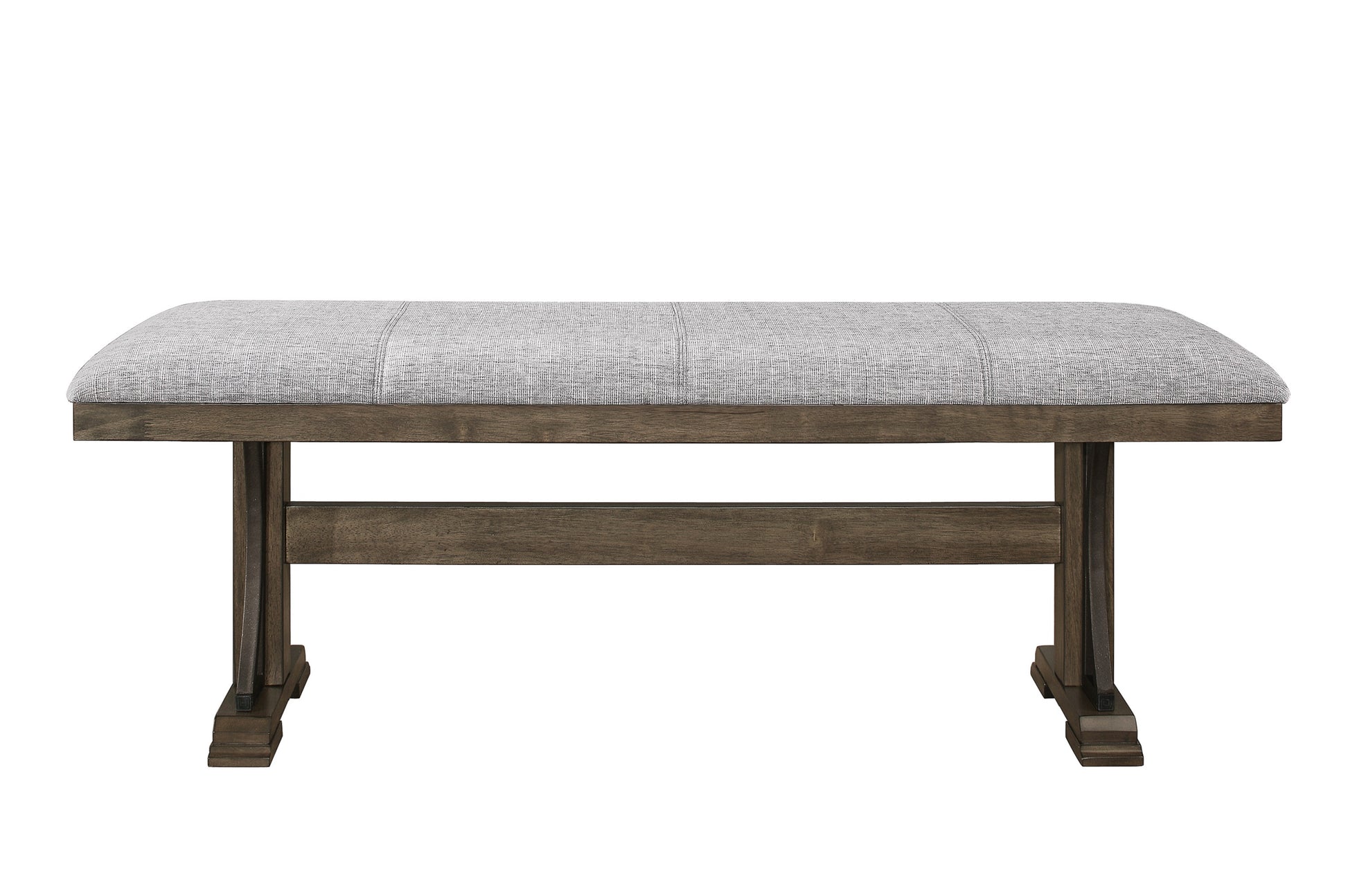 Gray upholstered wood bench with dark wood frame