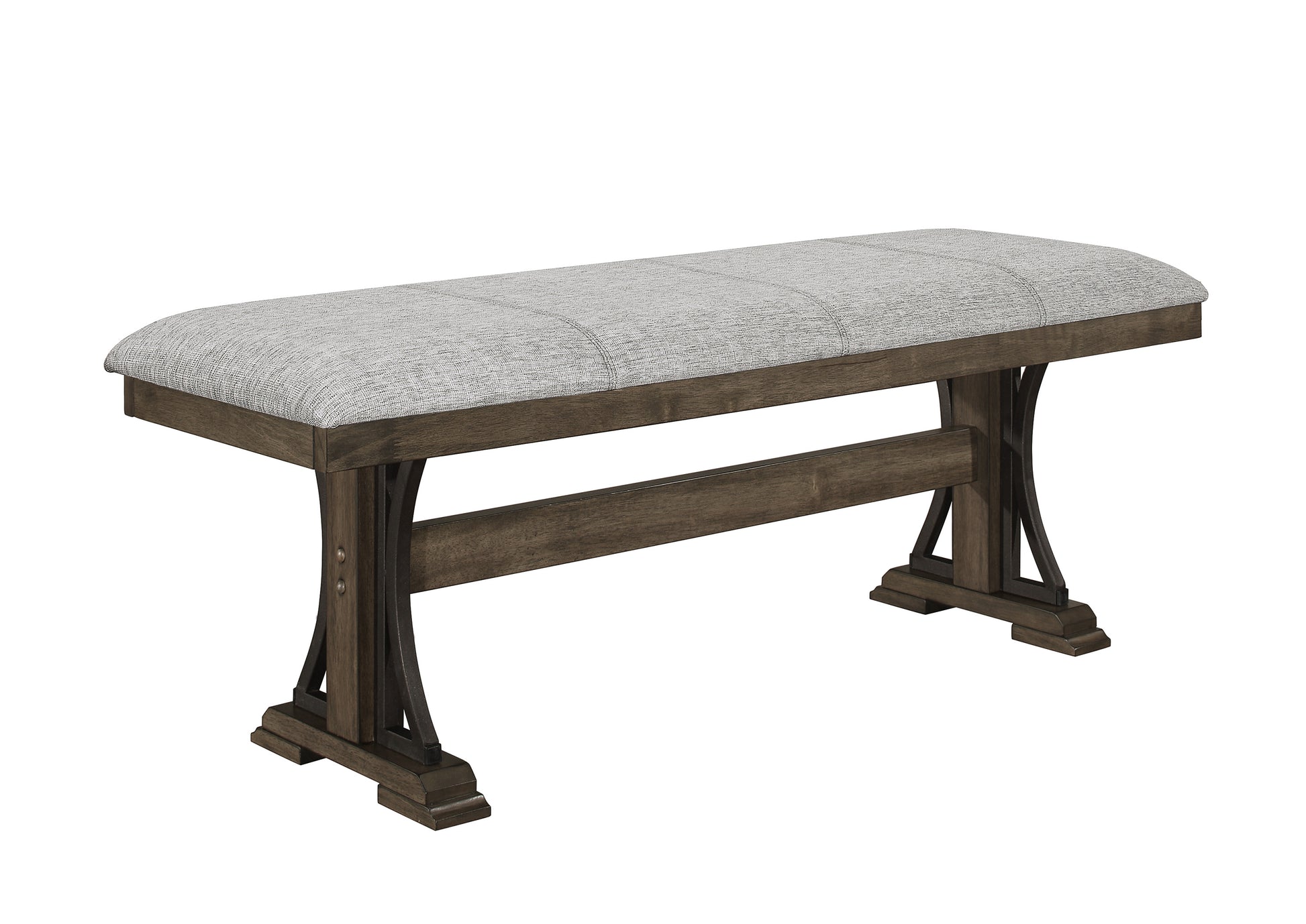 Padded fabric bench with dark wood base