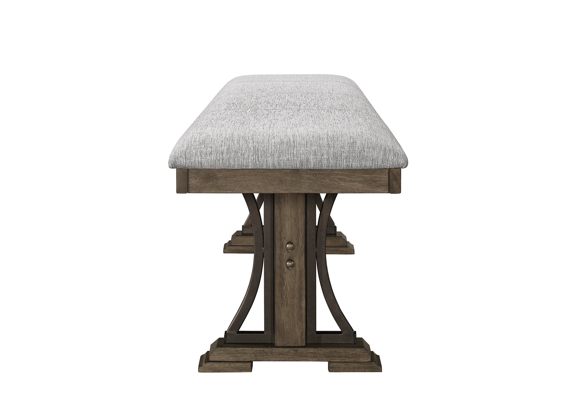 Textured fabric upholstered bench with a dark wood base and arched metal accents