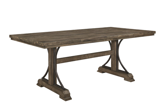 Rustic brown wood dining table with dark metal accents