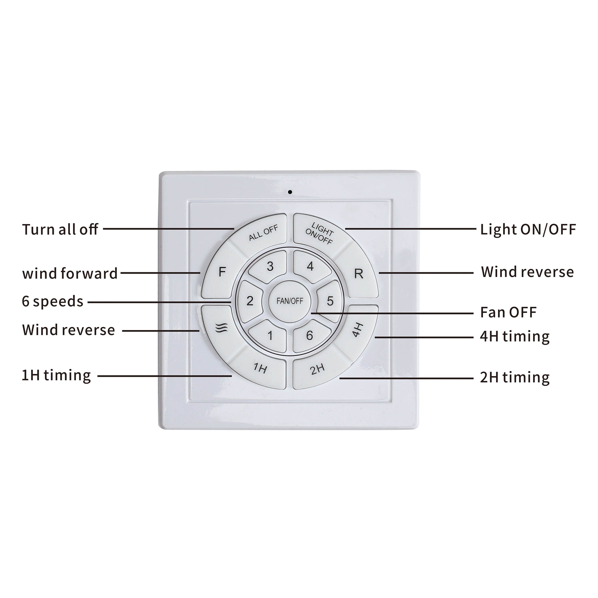 White remote control with fan speed and timer buttons ideal for ceiling fans
