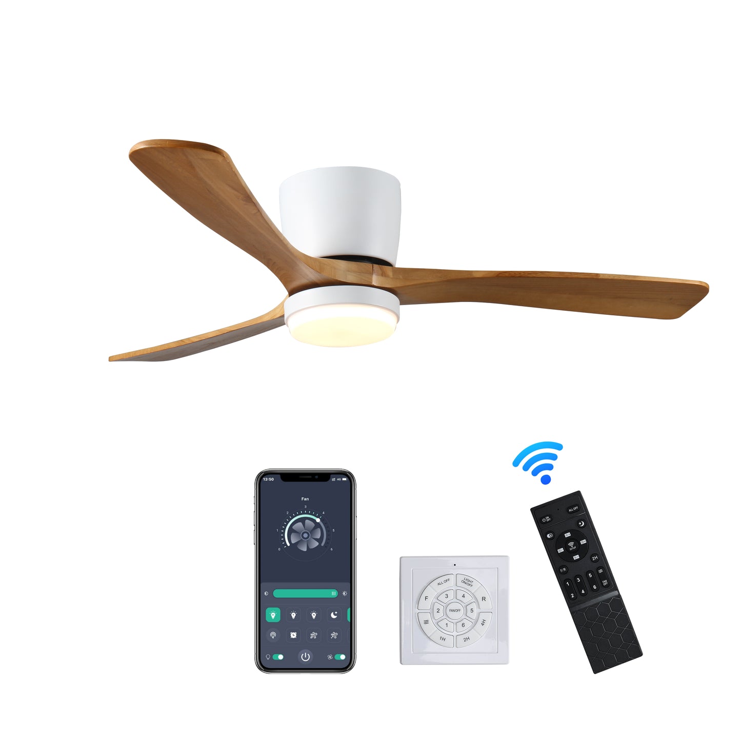 Modern wooden ceiling fan with integrated LED light and remote control for smart home use