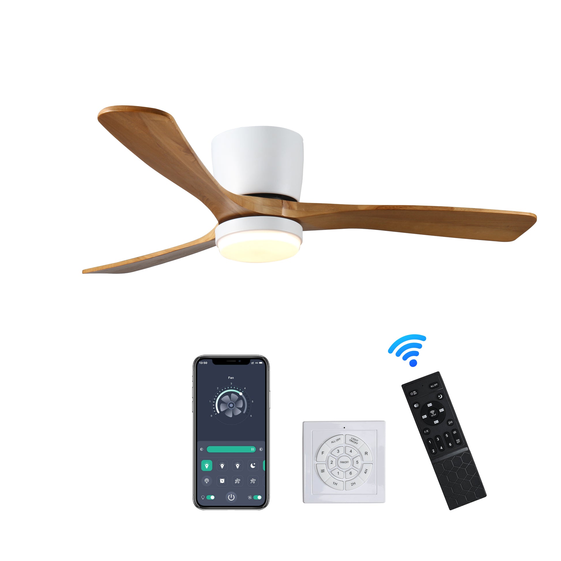 Modern wooden ceiling fan with integrated LED light and remote control for smart home use