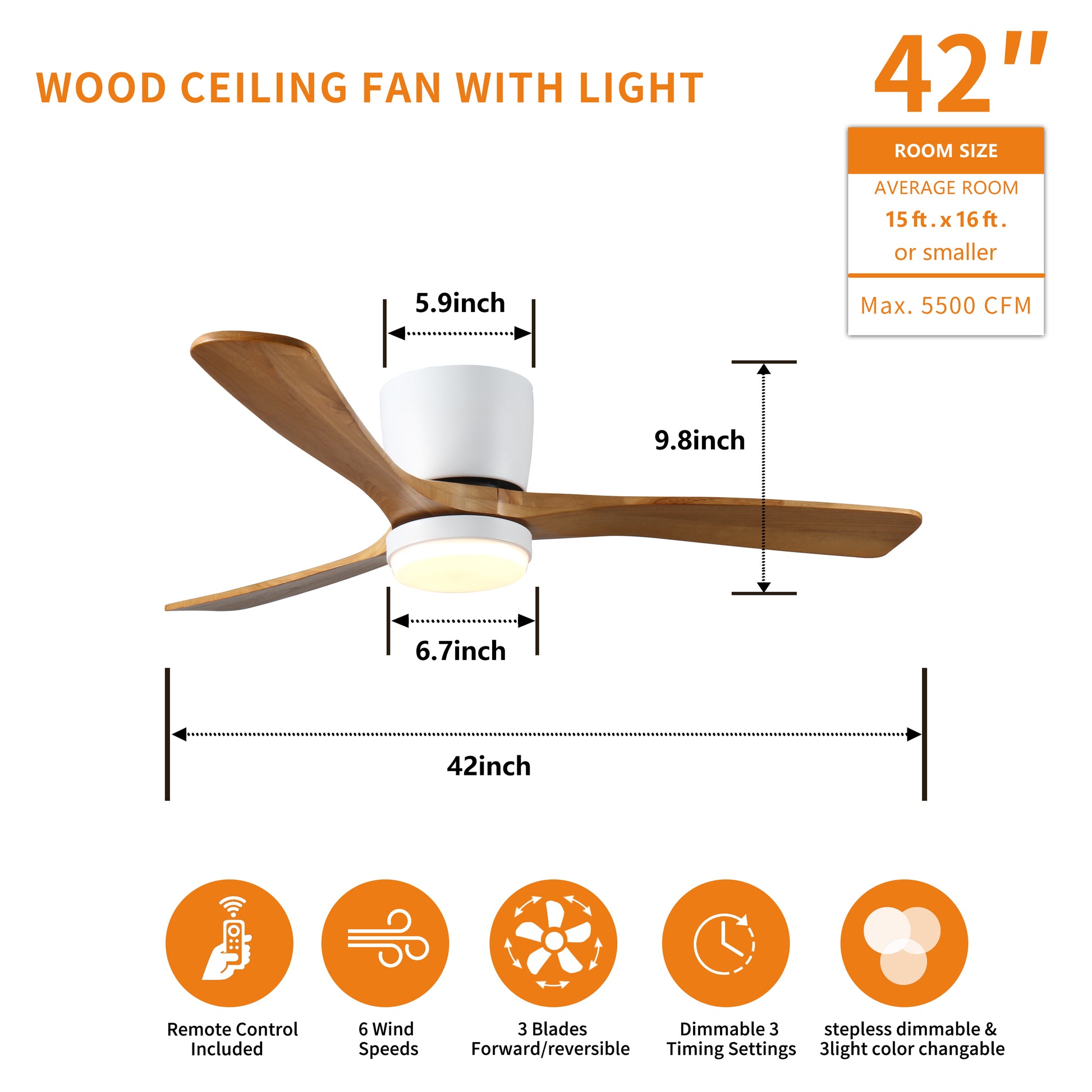 inch white and wood ceiling fan with integrated LED light and three blades