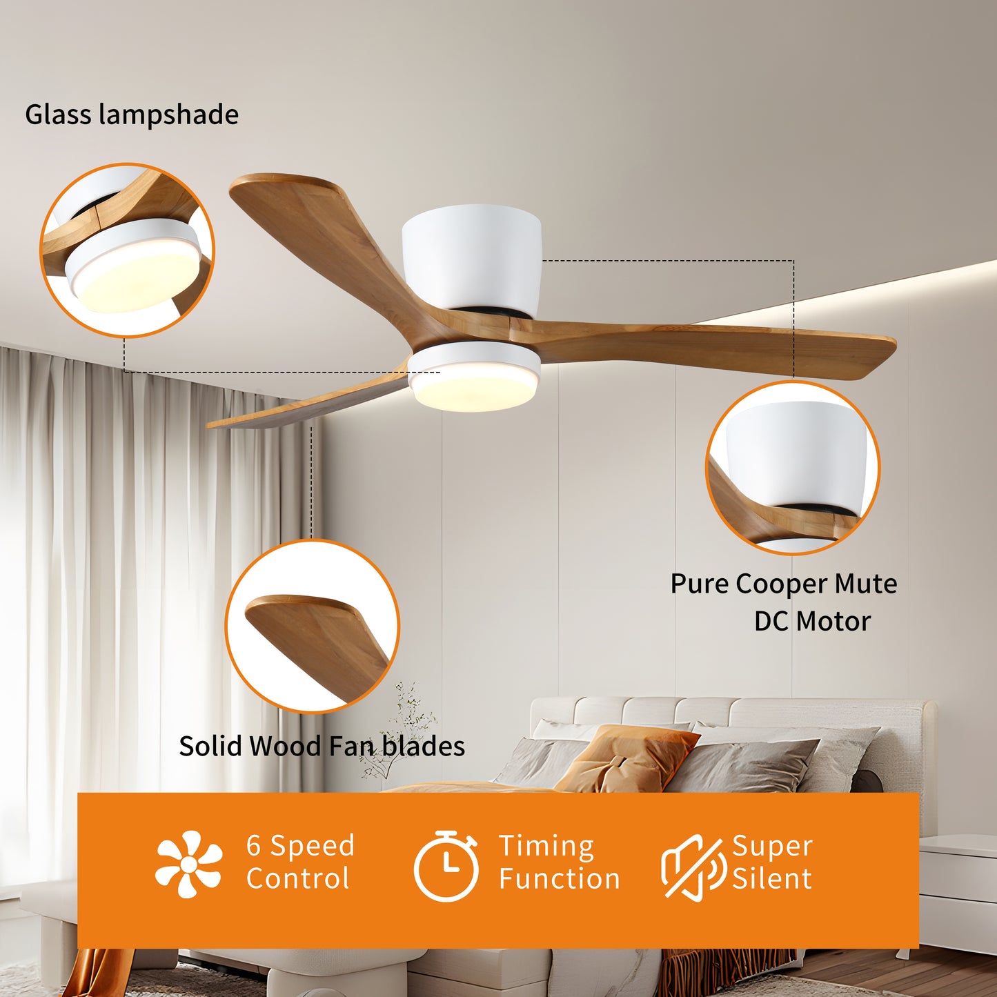 Modern white ceiling fan with natural wood blades and integrated LED light