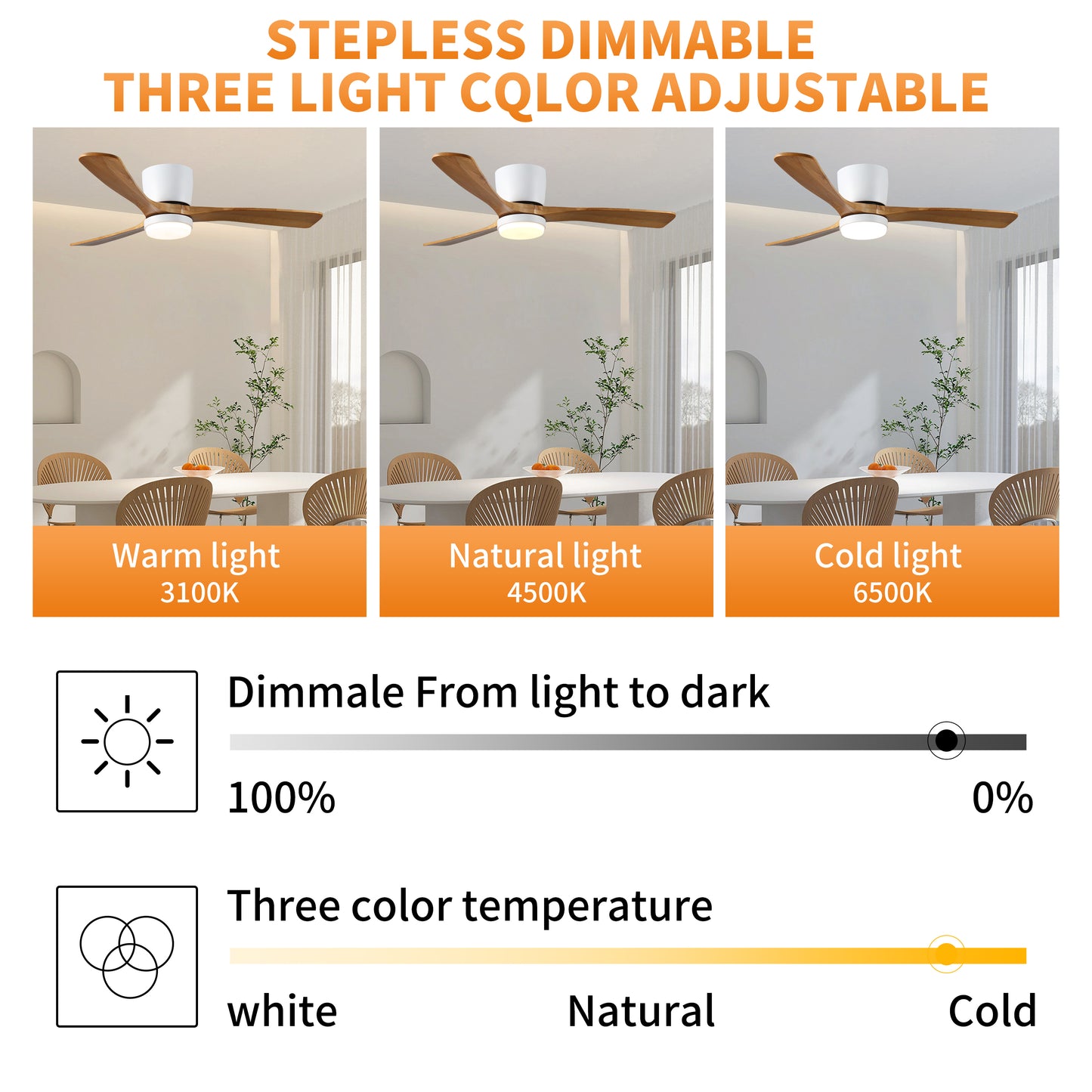Modern wood ceiling fan with integrated dimmable light three color temperatures